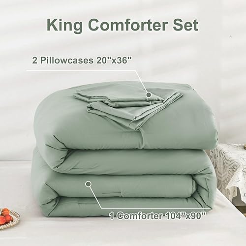 Miniatura 7 de Andency Juego de edredón tamaño King de 3 piezas, color verde salvia, juego de edredón ligero y esponjoso para toda la temporada (edredón de 104 x