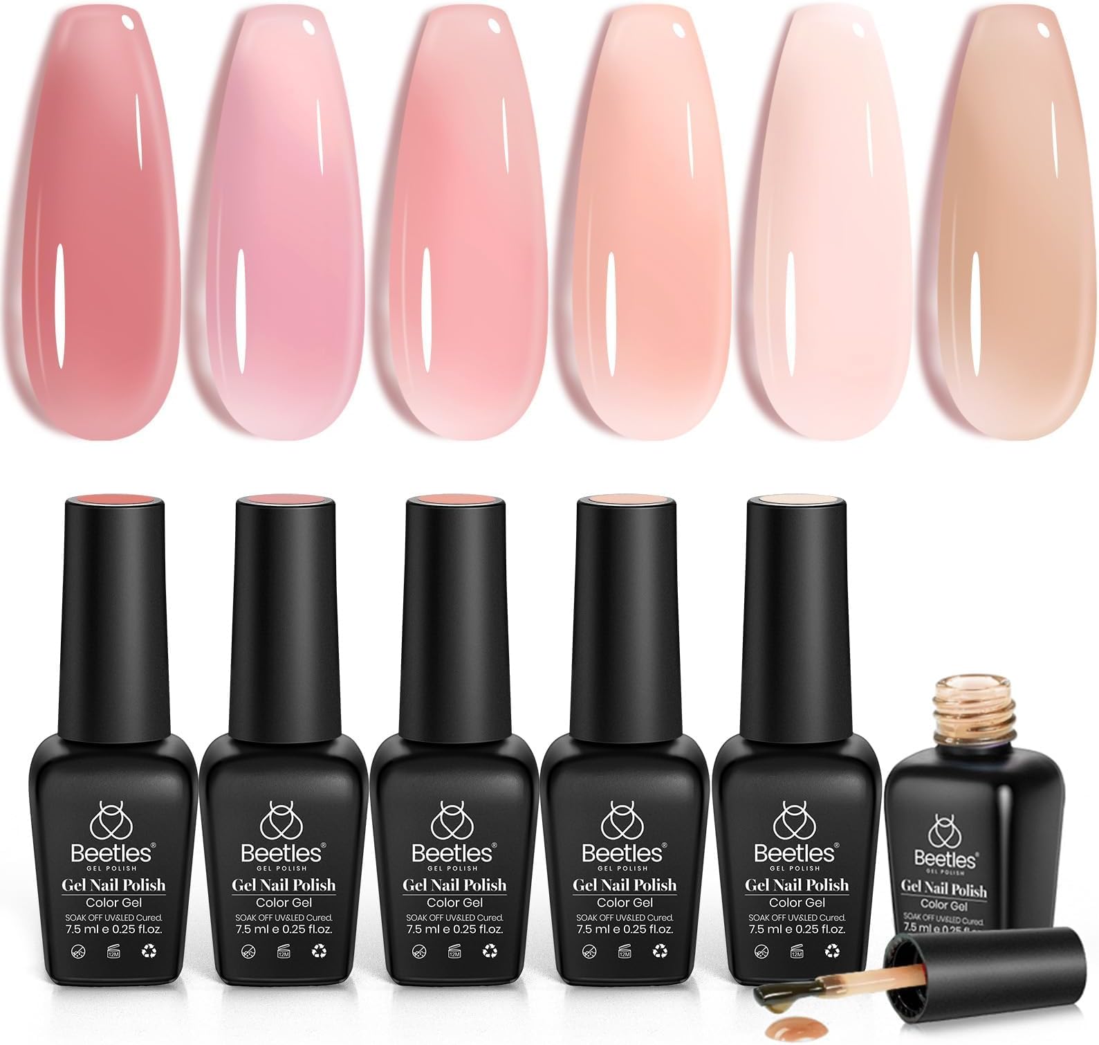 Beetles Nude Gel Nail Polish Set - 6 Colors Jelly Gel Polish Kit Nude Pink Neutral Nail Art Design Sheer Translucent Gel Nail Kits Soak Off Uv Nail Lamp Cured Nail Manicure Gift for Women