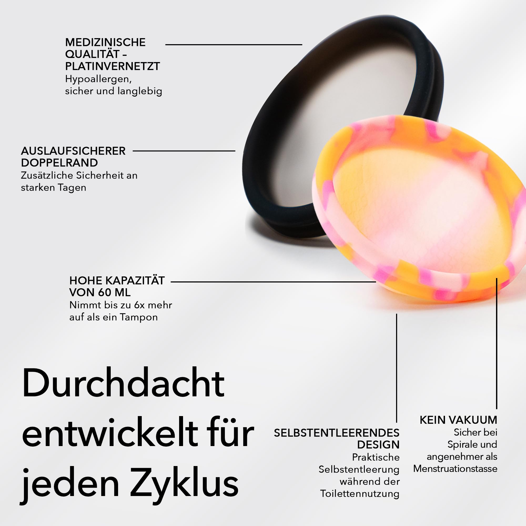 PERIOD Wiederverwendbare Menstruationsdisk – Menstruationsscheibe aus platinvernetztem medizinischem Silikon, mit automatischer Entleerungsfunktion – komfortabel für alle Phasen der Menstruation, M/L