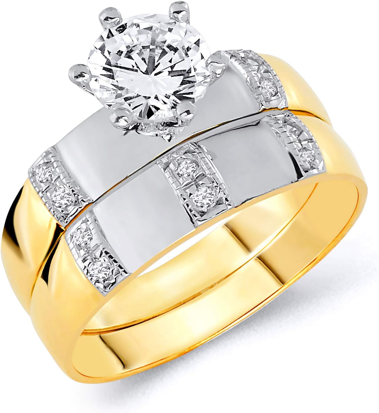 Wellingsale Ladies Solid 14k Two 2 Tone White and Yellow Gold Polished CZ Cubic Zirconia Round Cut Engagement Ring and Wedding Band Bridal Set