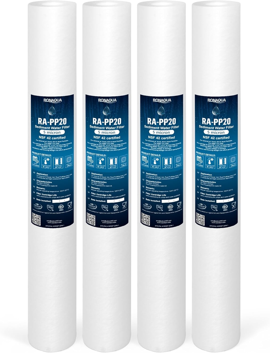 Ronaqua 5 Micron Standard 20" x 2.5" Sediment Water Filter Cartridge, NSF Certified, 4-Layer Filtration for 20” x 2.5” Whole House Systems, Compatible with FPMB5-20, SDC-25-2005/4, VX05-20, 4 Pack