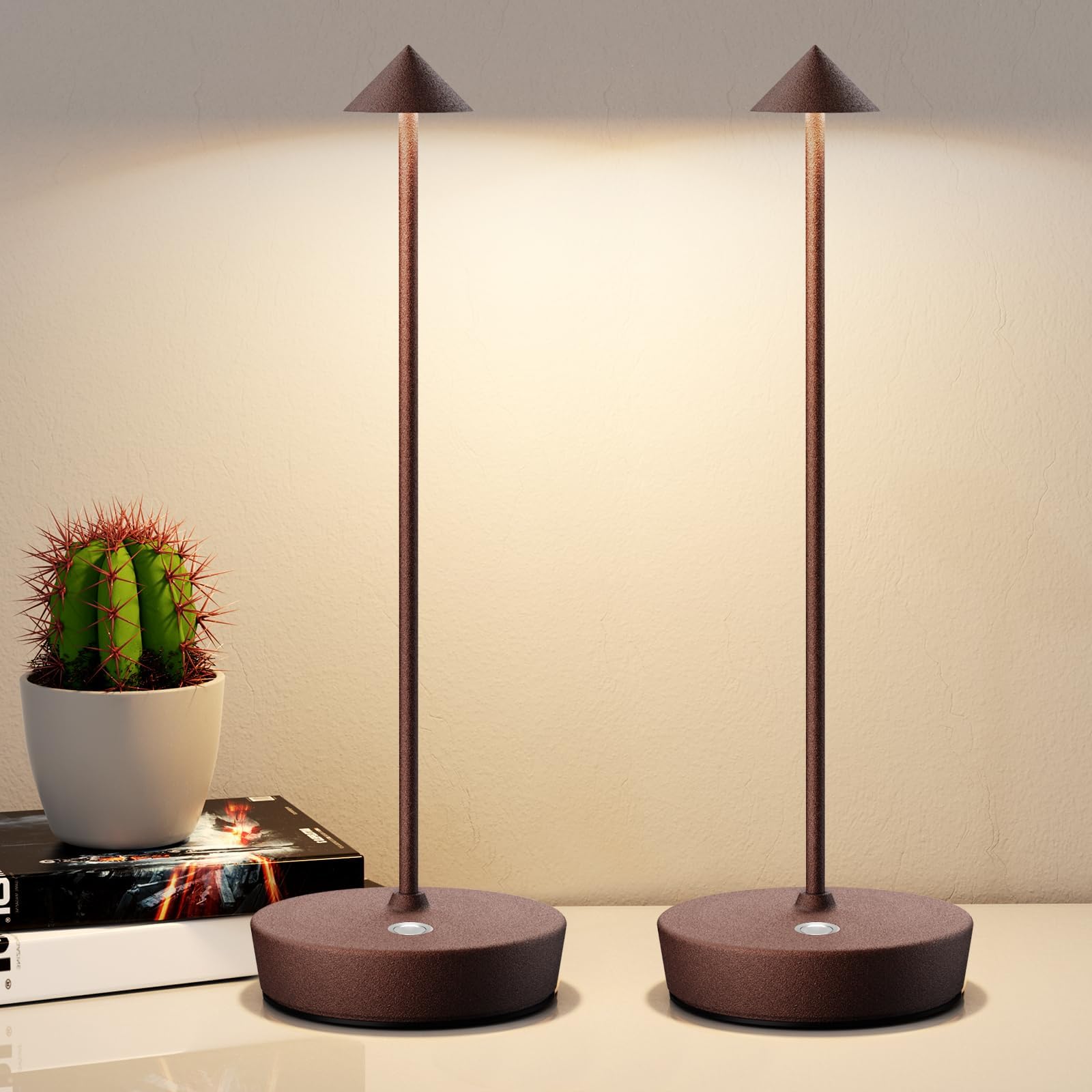 Kabellose Tischlampen Wiederaufladbar, 6000mAh Batterie Betrieben LED Schreibtisch Lampe Wasserdicht Tragbar Dimmbar Für Terrasse Restaurant Esszimmer Zuhause 2er Set Rost