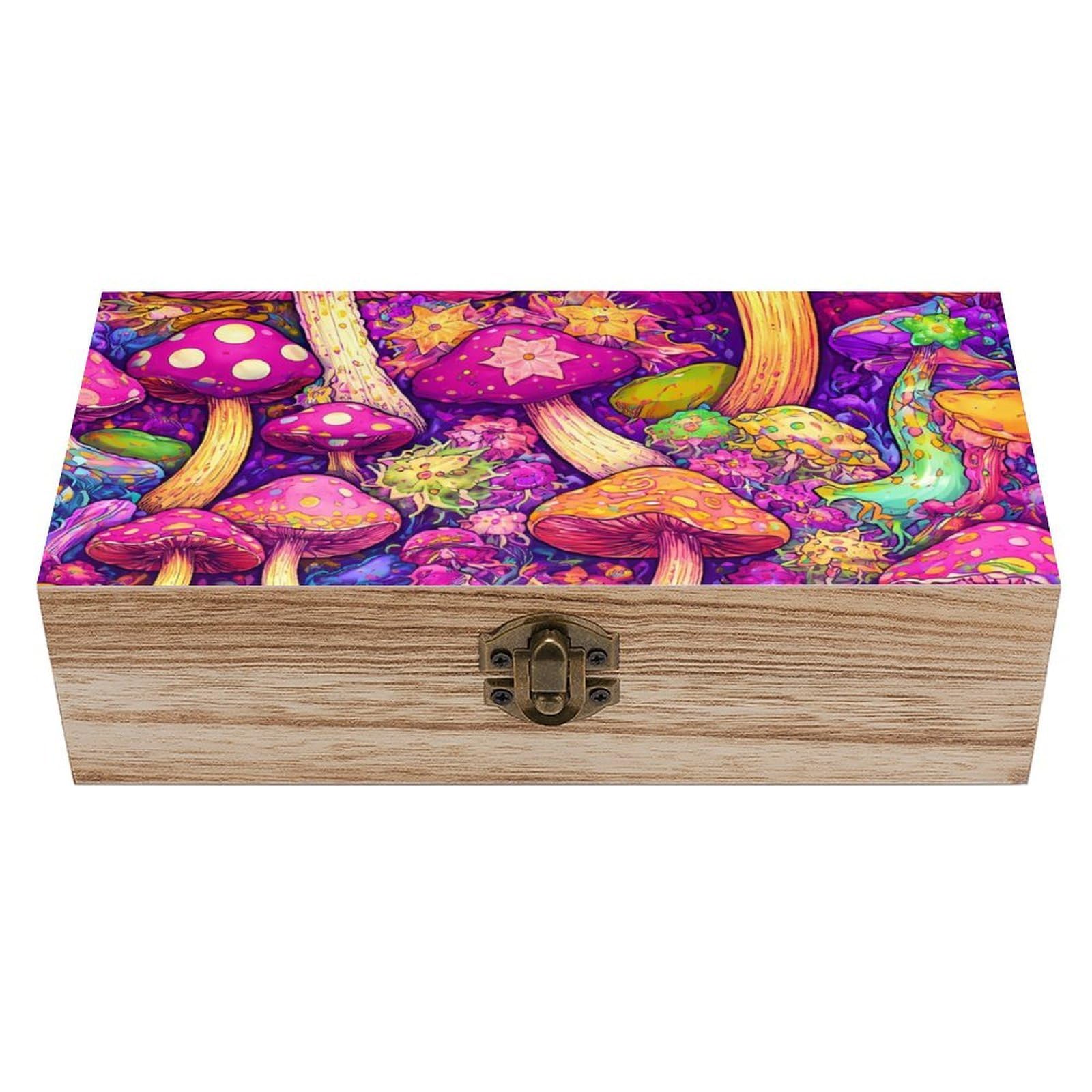 SMAZDFXX Arts Trippy Mushroom Wooden Storage Box With Hinged Lid Decorative Front Clasp Keepsake Boxes