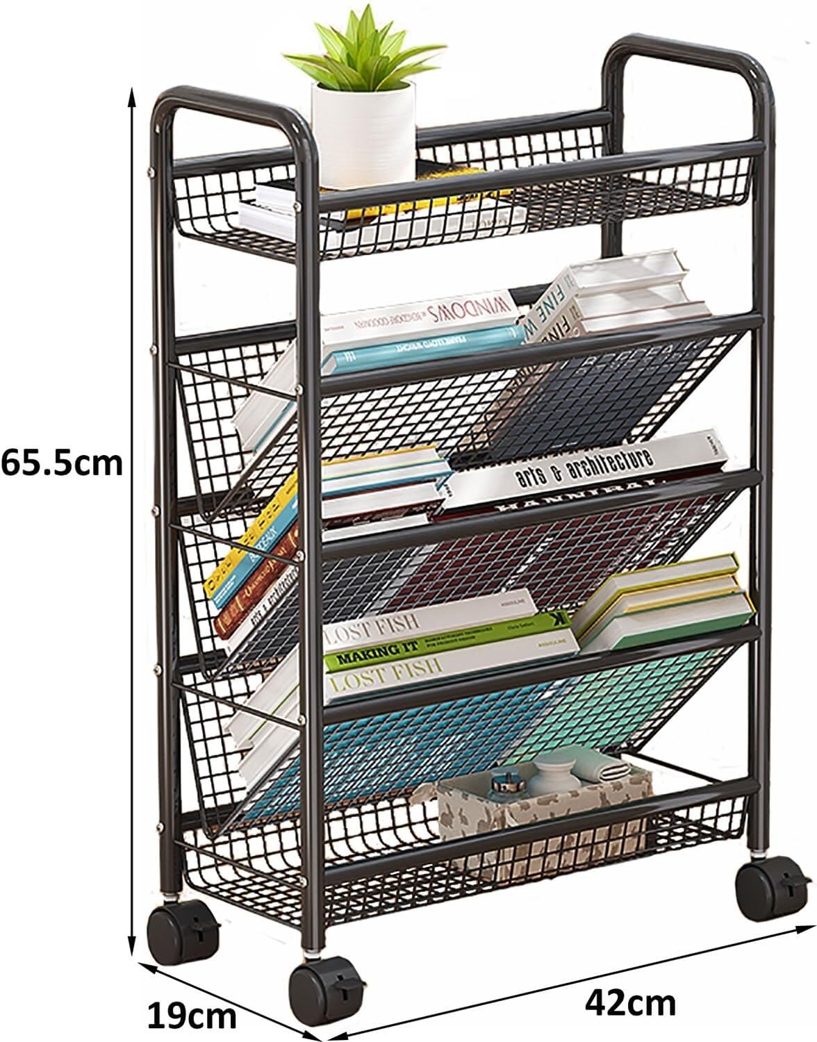 Rollbarer Bücherwagen mit Rädern für mobile Bücherregale, kompakter Schreibtisch-Aufbewahrungswagen, bodenstehendes Metall-Bücherregal/Eckregal, Zeitschriftenregal für enge Räume(Schwarz,5 Tier)