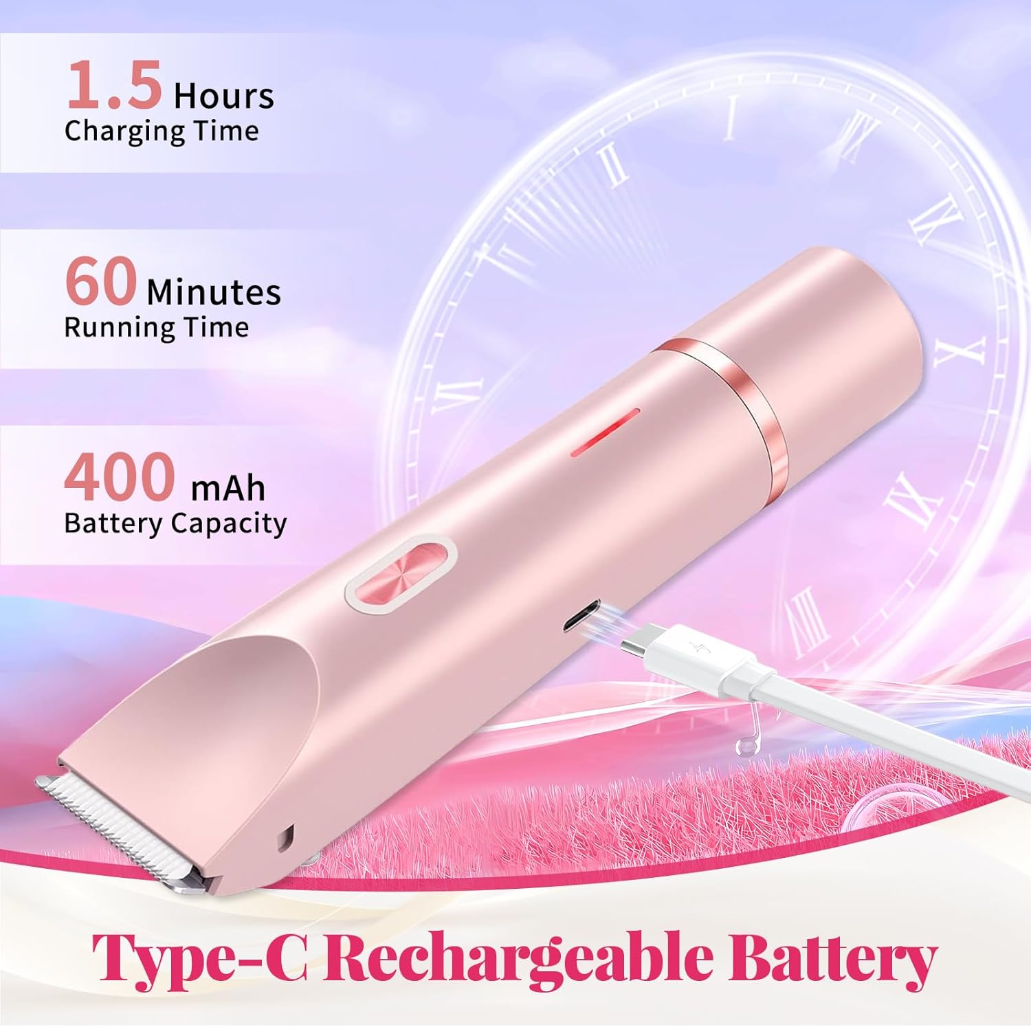 Bikini Trimmer for Women, 2-in-1 Painless Electric Razor with Ceramic Blade, Cordless for Sensitive Skin, Waterproof Dual Head Shaver Women for Facial and Body (Pink) - Image 7