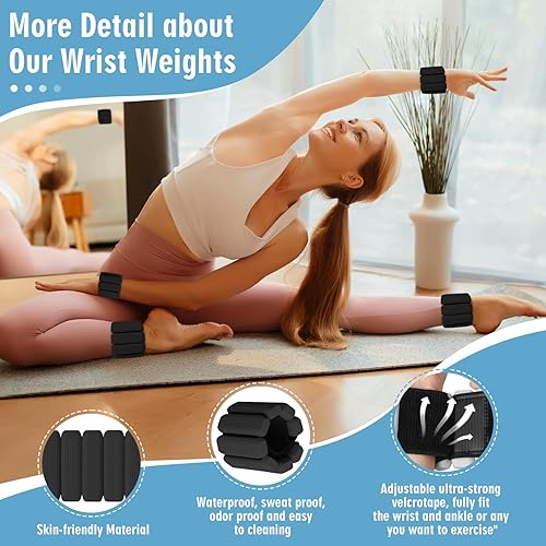 Vista 4 de Juego de 2 pesas para muñeca, pesas de tobillo y muñeca para mujeres y hombres, brazaletes con peso de silicona ajustables para brazos y piernas