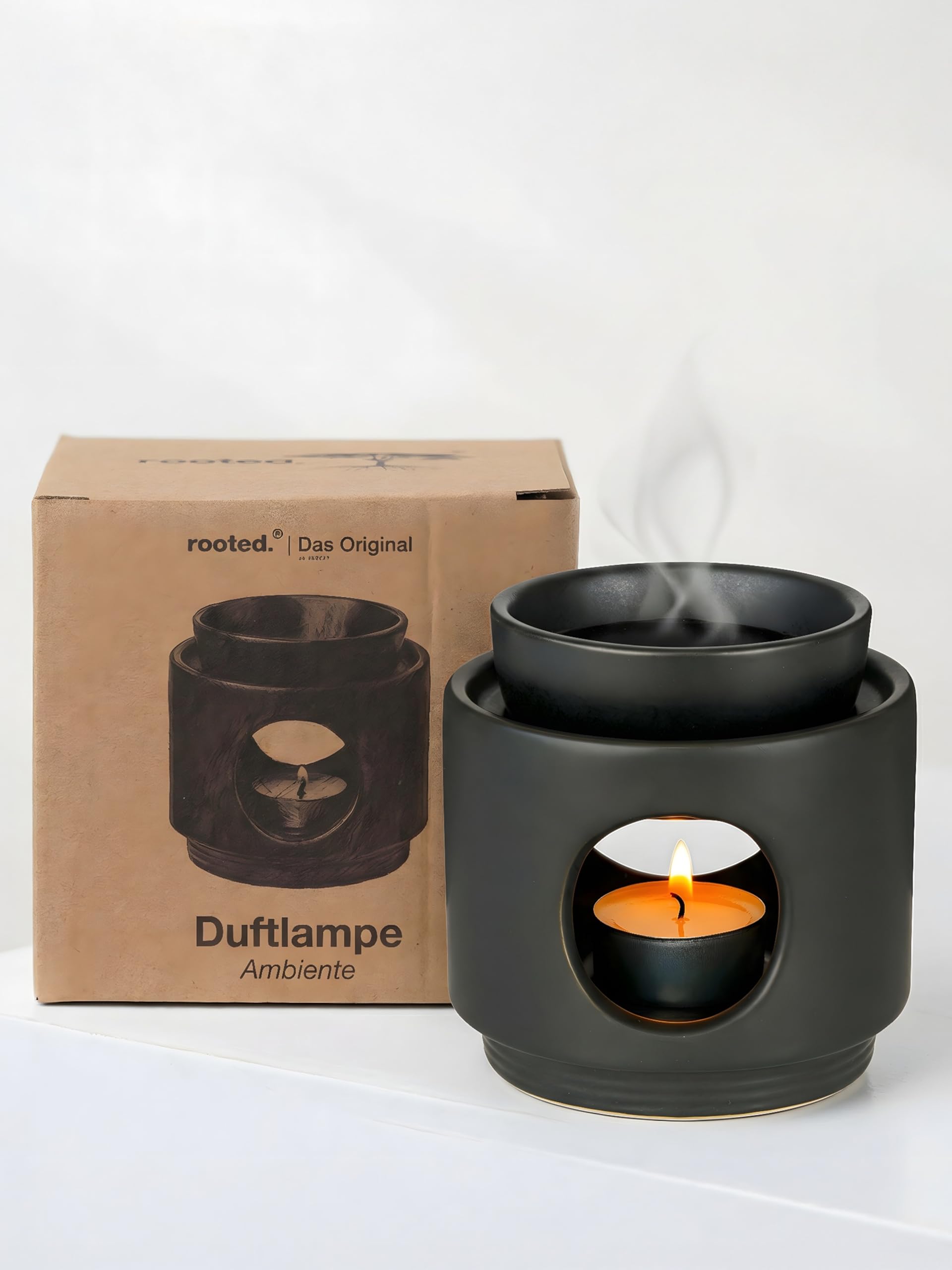 rooted.® | Duftlampe Ambiente Teelicht | Design Aromalampe aus Keramik | Stövchen für ätherische Öle, Duftöl und Duftwachs | Matt Schwarz | Deutsche Markenqualität …