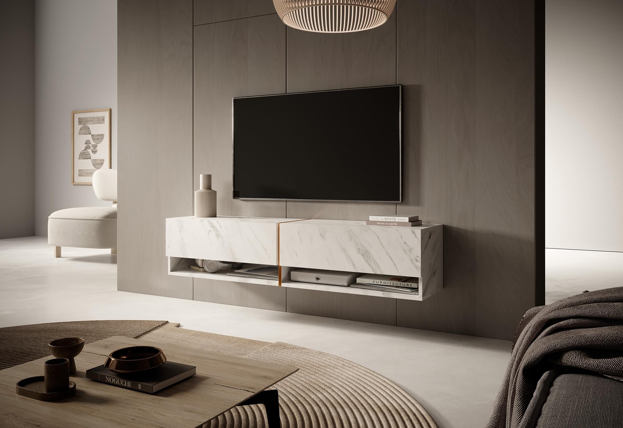 Selsey Mueble De TV Suspendido con 2 Puertas 2 Cajones Mesa De TV para Salón Dormitorio 140 cm Mármol Blanco con Inserción Dorada Mirrgo