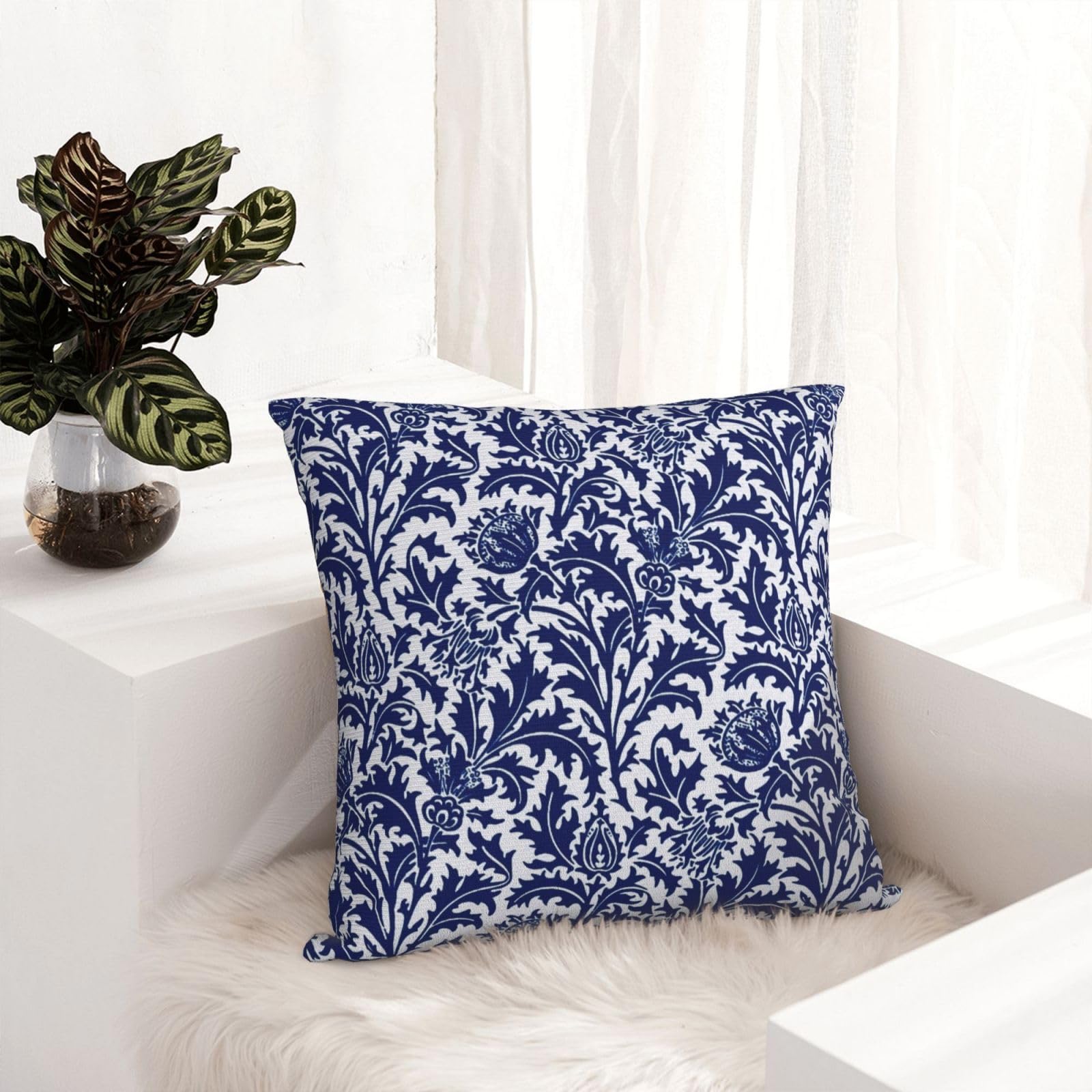 Thistle Damask Navy Blue and White William Morris Greenery Forest Animals Pheasant Decorative Throw Pillow Covers 18x18 inch Soft Pillowcase Aesthetic Cushion Cover for Home Decor Sofa Living Room - Image 2