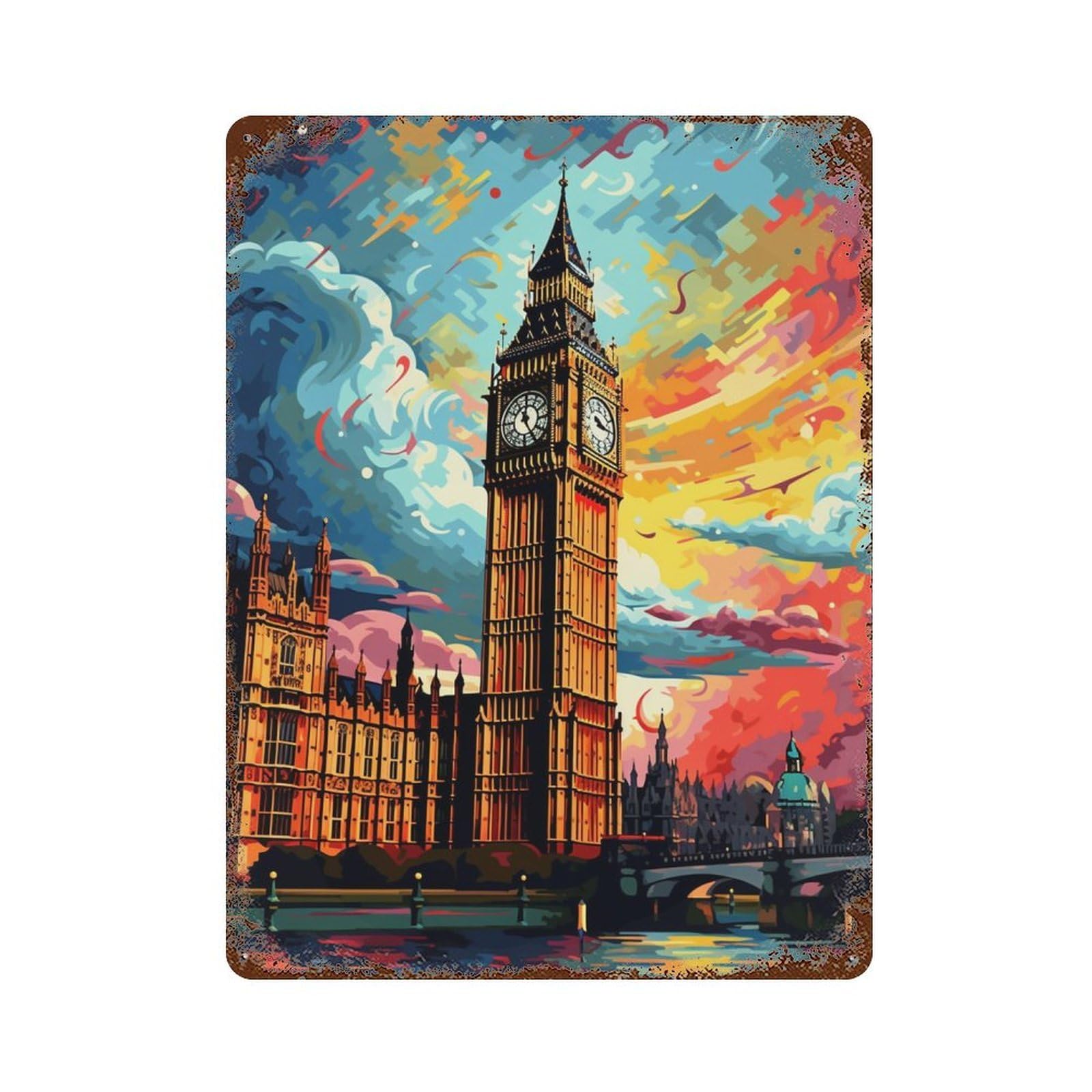 Rust Effect London's Vibrant Skyline -3 Distressed Metal Wall Sign 15.7"x11.8", Shabby Chic Decor for Pub, Kitchen And Man Cave Decor