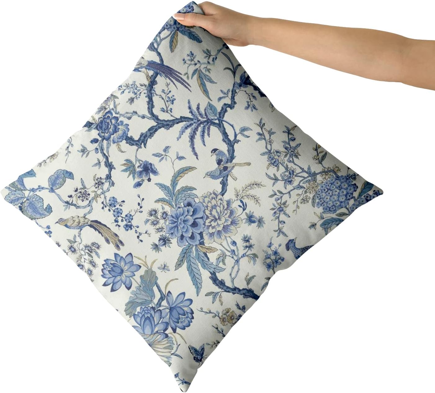Sweetshow Chinoiserie Pillow Covers 24x24 Inch Set of 2 Blue and White Floral Birds Decorative Throw Pillows Rustic Vintage Flowers Pillow Cases Cotton Square Cushion Cover Decor for Couch Bed Sofa