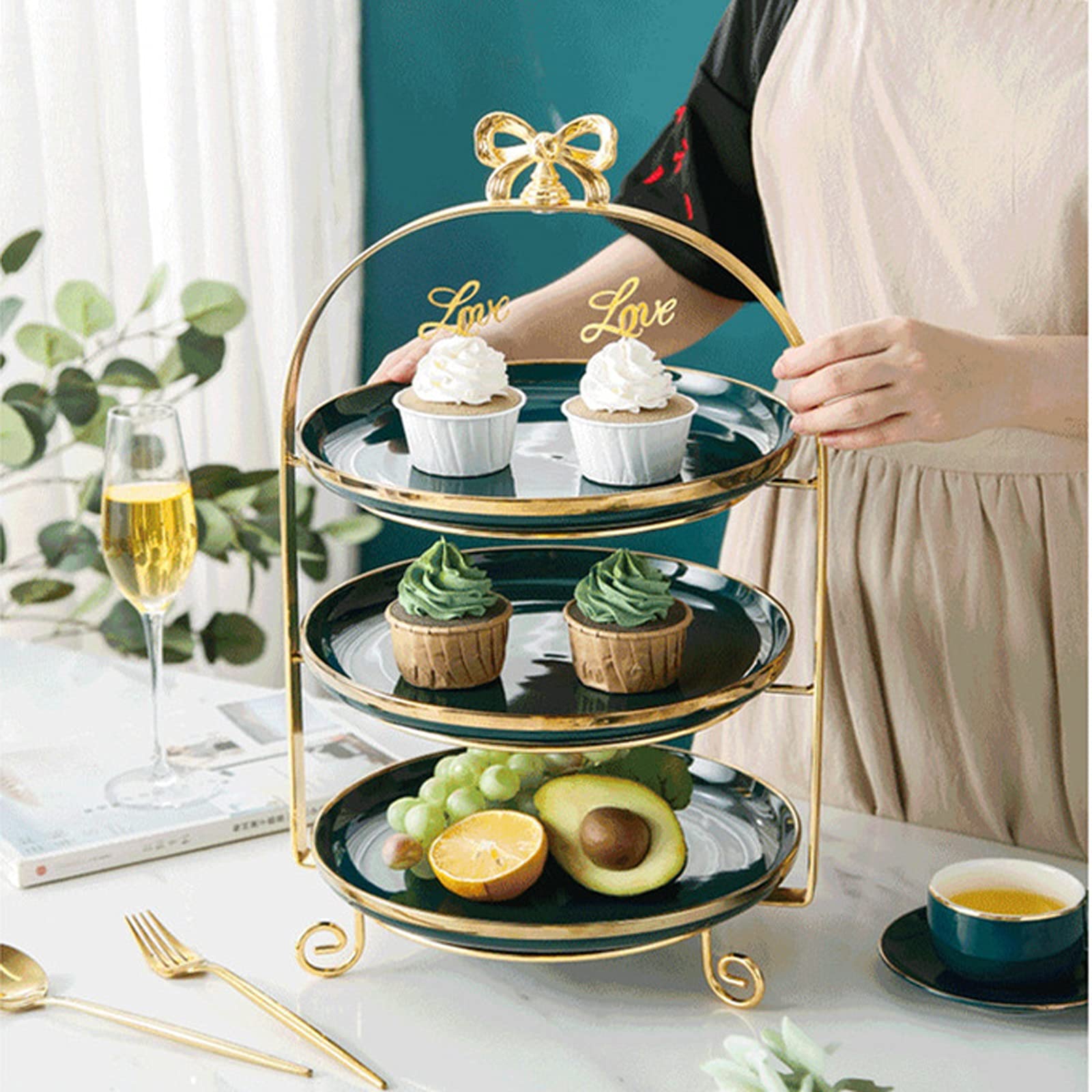 Bandejas para Tartas Mesa de postre creativa del soporte de la torta de 3 capas con el soporte de exhibición de la torta de té de la tarde del mango de la tarde para la fiesta del té, la boda y el cum