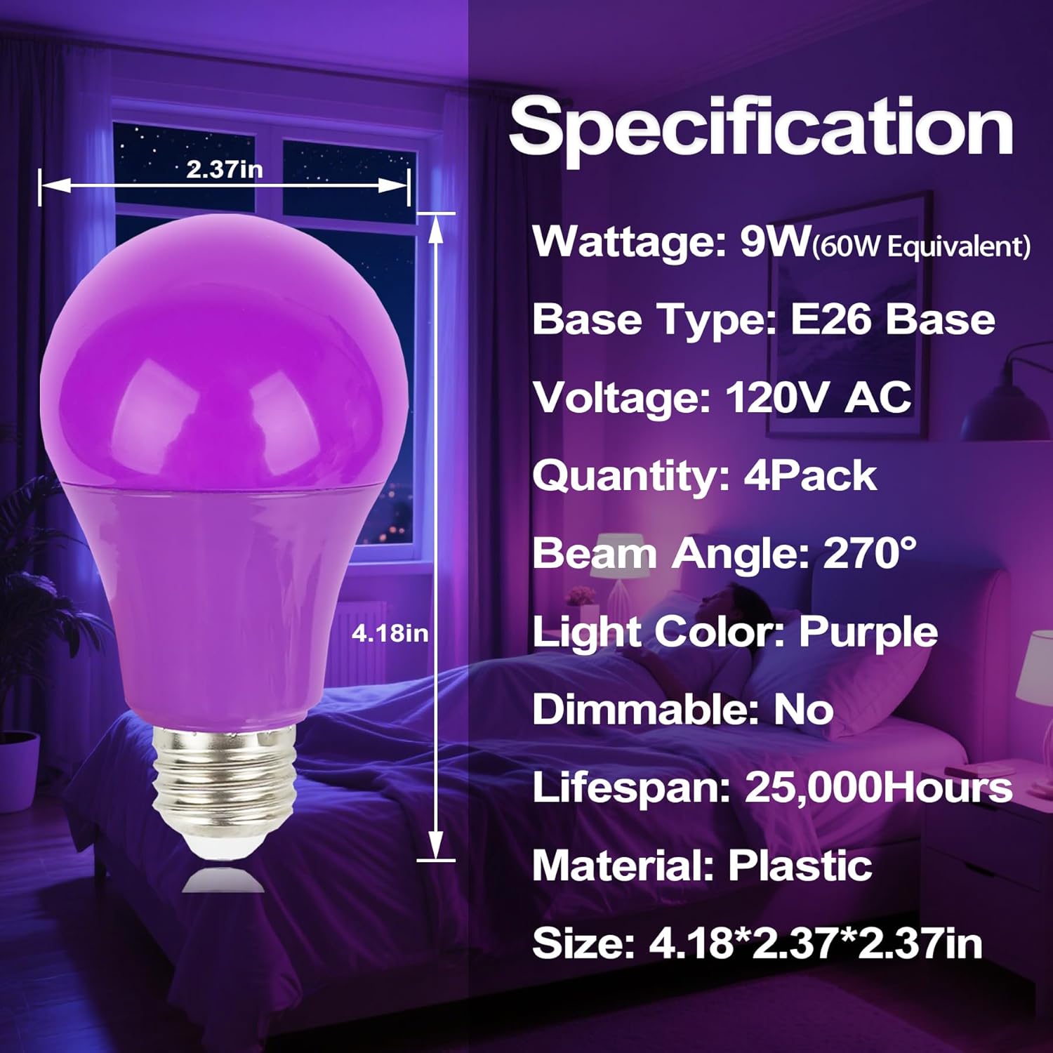 Purple Light Bulbs 4 Pack - Colored Light Bulb Indoor Halloween Decor 9W (60W Equivalent) A19 E26 Base Led Lightbulbs for Outdoor Porch, Bedroom, Christmas Party Decoration, Holiday Lighting (Purple)