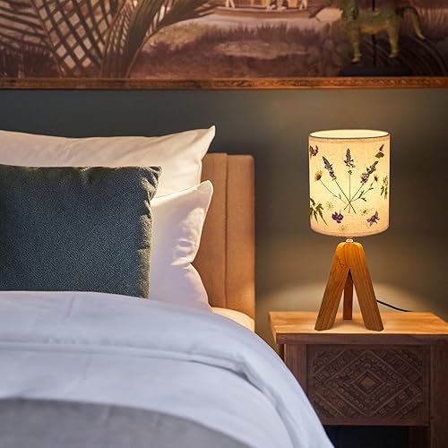 Miniatura 3 de LUMIMAN Lámpara de mesa pequeña con trípode, lámpara LED de mesa de noche de flores prensadas de 7 W con base de madera para dormitorio, sala de