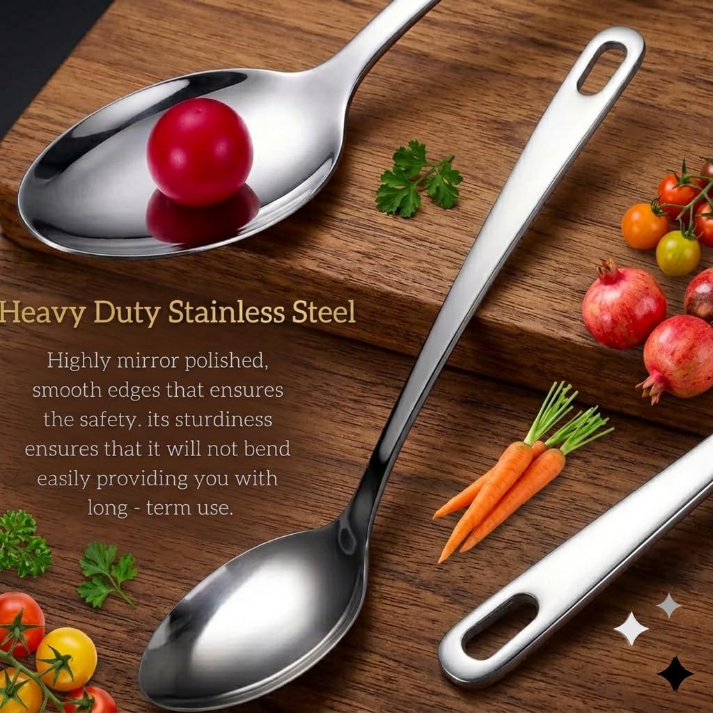Large Cooking Spoon Set, 12.5-inch Stainless Steel Solid & Slotted Spoons, Heavy Duty Metal Spoon for Mixing, Serving, Stiring Kitchen Utensils.