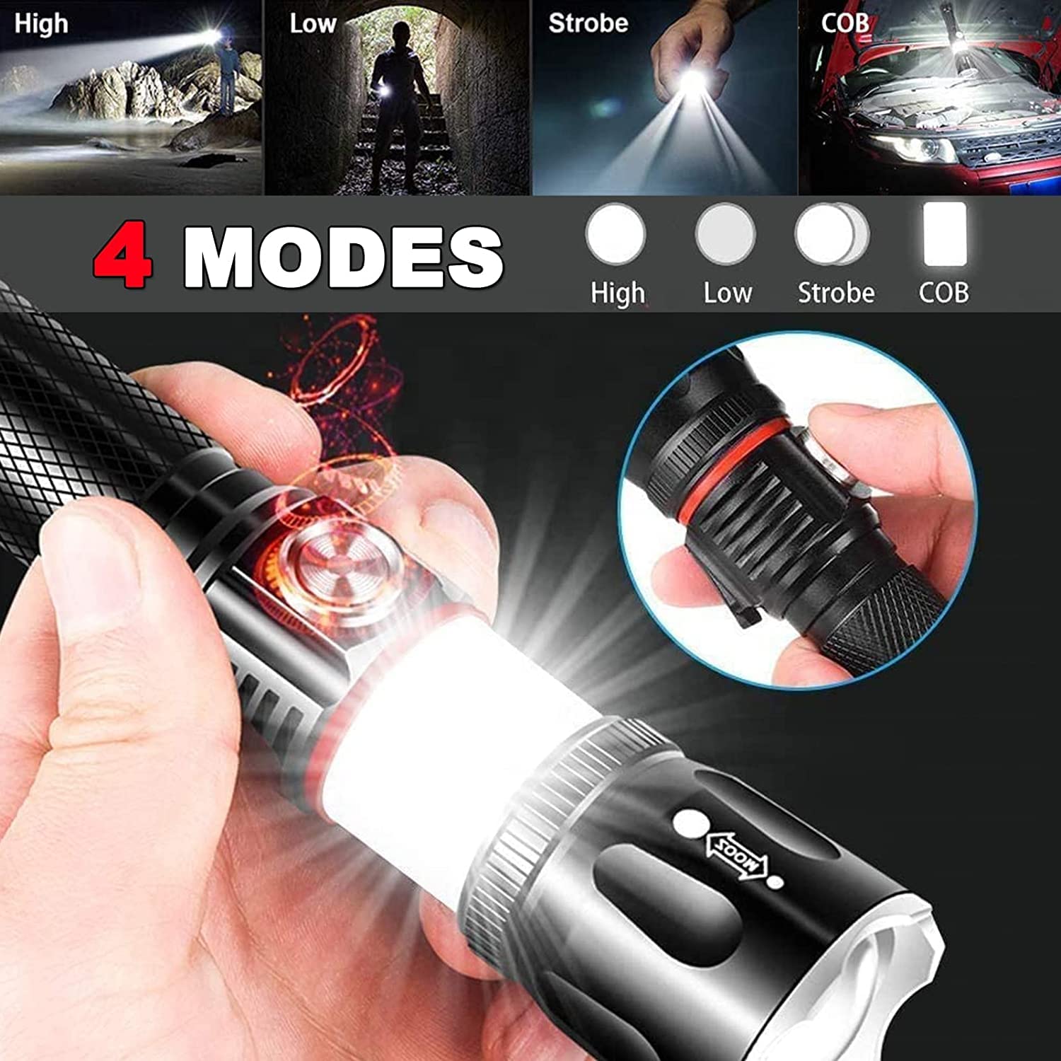 USB Rechargeable Torch,Magnetic Super Bright LED Torch Flashlight With 360° COB Work Light,Zoomable,Waterproof,4 Modes Lights For Camping Hiking Emergency(2 Pack - View #8