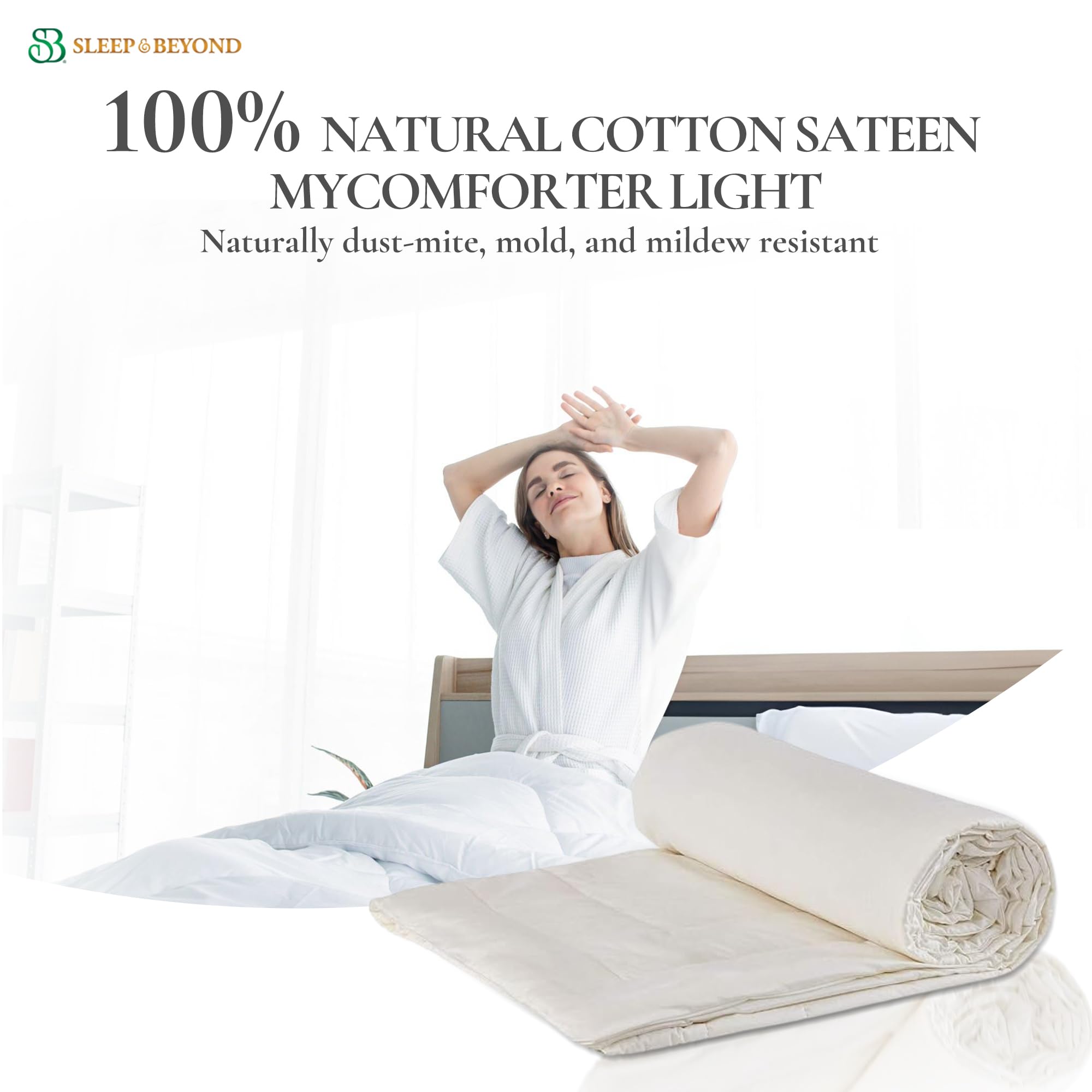 Sleep & Beyond myComforter Light - 100% Washable Wool Filled Comforter with 300TC Cotton Sateen Cover - Temperature Regulating & Absorb Moisture - Oeko TEX Certified Warm Season - Full/Queen 90x90in
