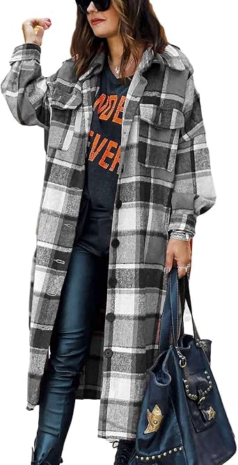 PUWEI Womens Casual Lapel Button Down Long Plaid Shirt Coat Tartan Shacket Jacket
