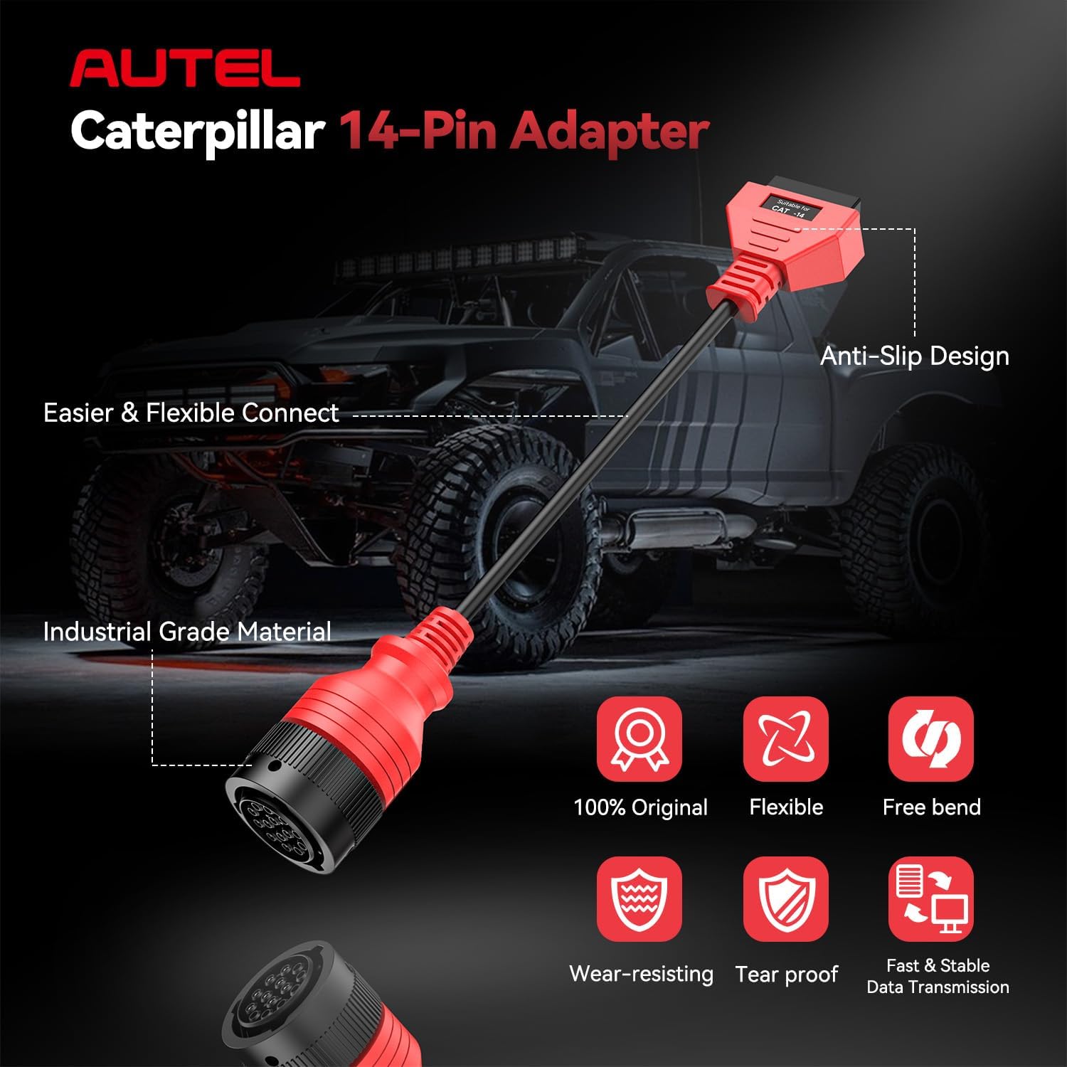 Autel Original CV CAT 14-Pin Adapter, CAT 14 Off Highway Connector for Caterpillar Engines, 2026 Work with Autel Scanner Heavy Duty Truck Semi Scan Tool MaxiSYS MS909CV, MS908CV II, MS908CV, MS906CV