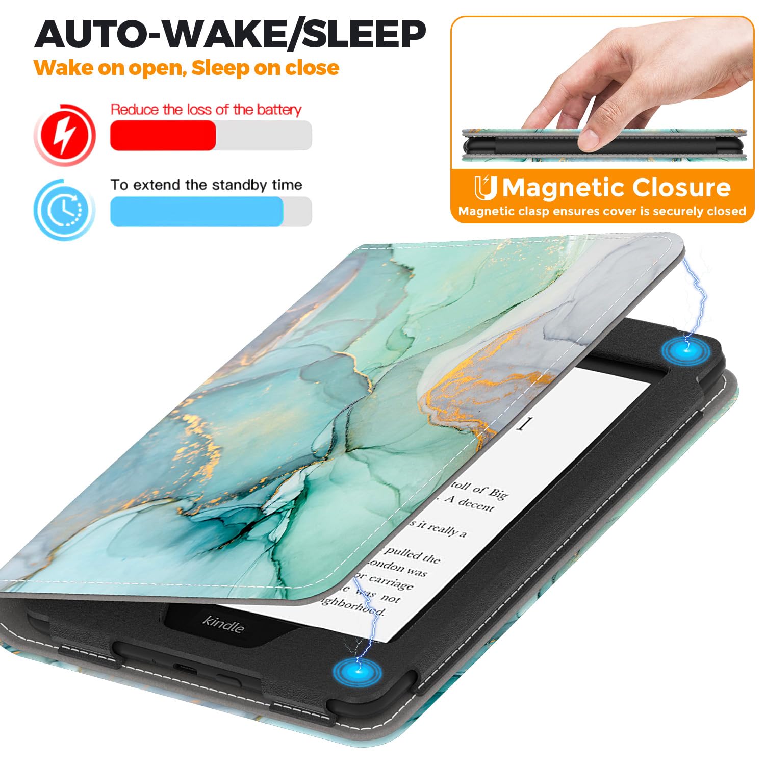 VORI Stand Case für Kindle Paperwhite (11th Generation-2021) und Kindle Paperwhite Signature Edition, PU Leder Hülle Smart Schutzhülle mit Auto Wake/Sleep und Handschlaufe, Smaragd Marmor