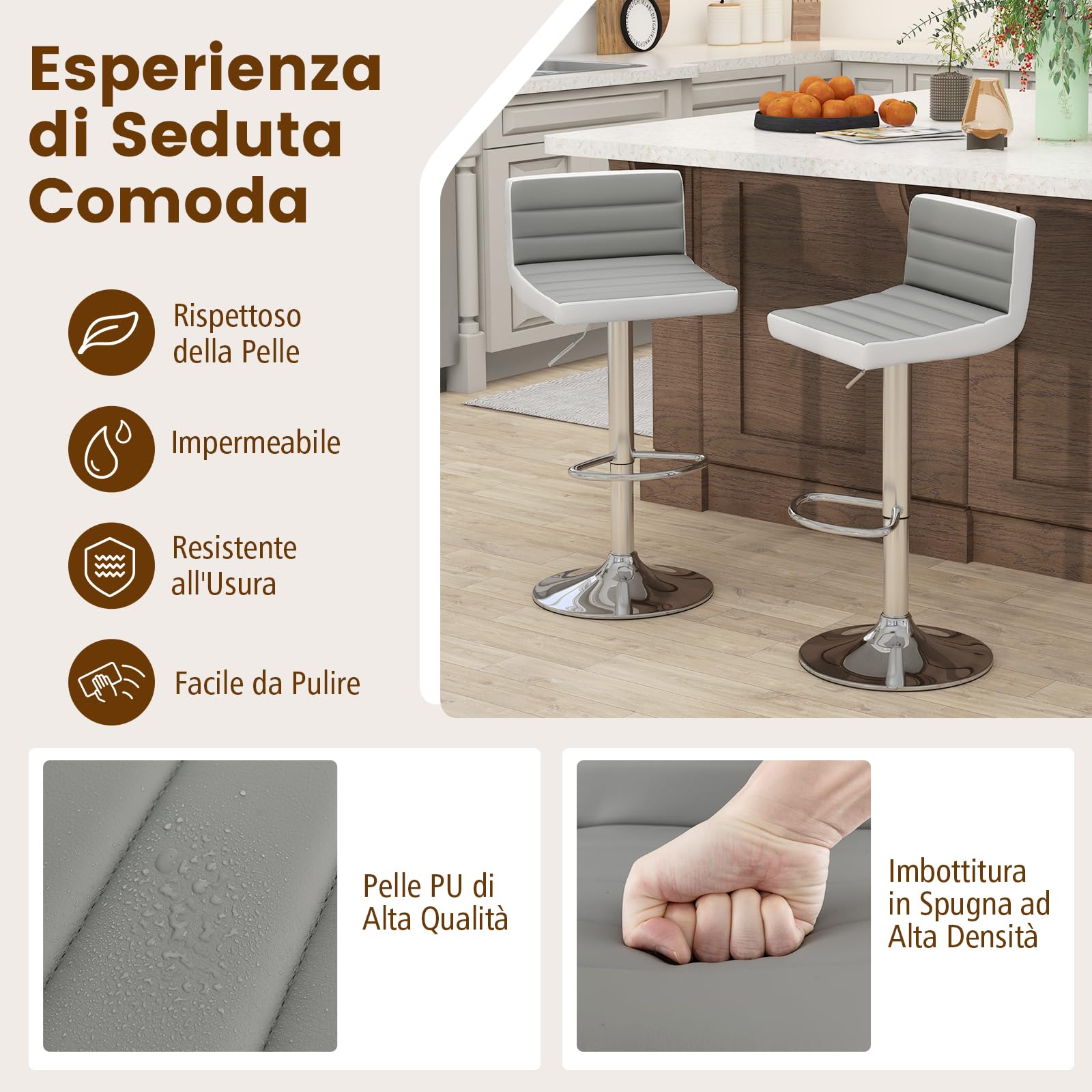 RELAX4LIFE Set di 2/4 Sgabelli da Bar, Sgabelli Regolabili e Girevoli con Base in Metallo Antiscivolo e Poggiapiedi, Sedie da Bar in Pelle PU senza Braccioli per Cucina, Pub, Caffè, Grigio & Bianco