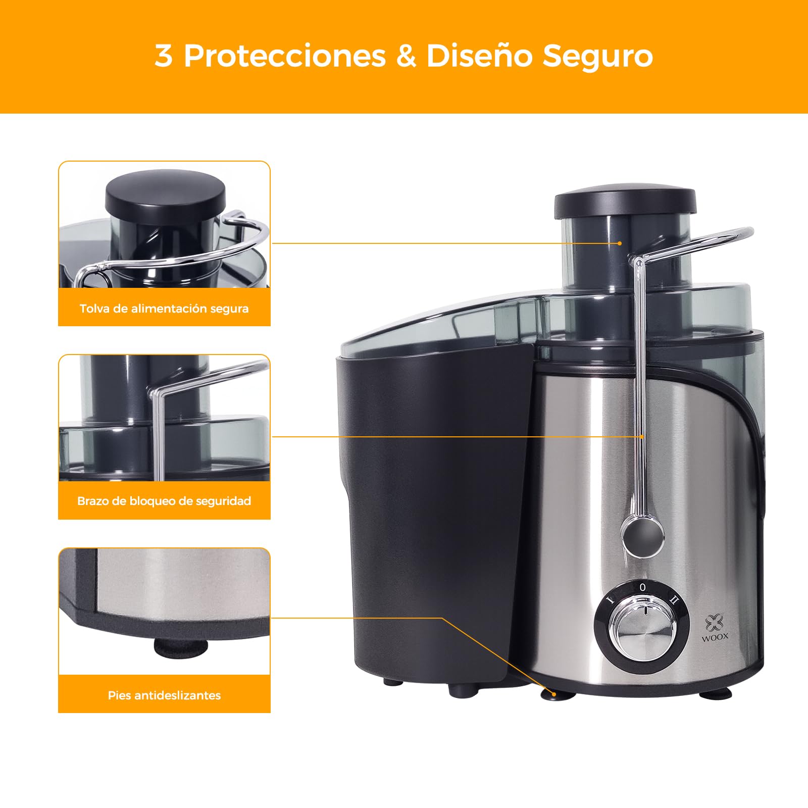 WOOX Exprimidor de Zumos, Exprimidor Eléctrico Silencioso para Verduras y Frutas de Acero Inoxidable, Recipiente de 500 ml, Negro/Acero