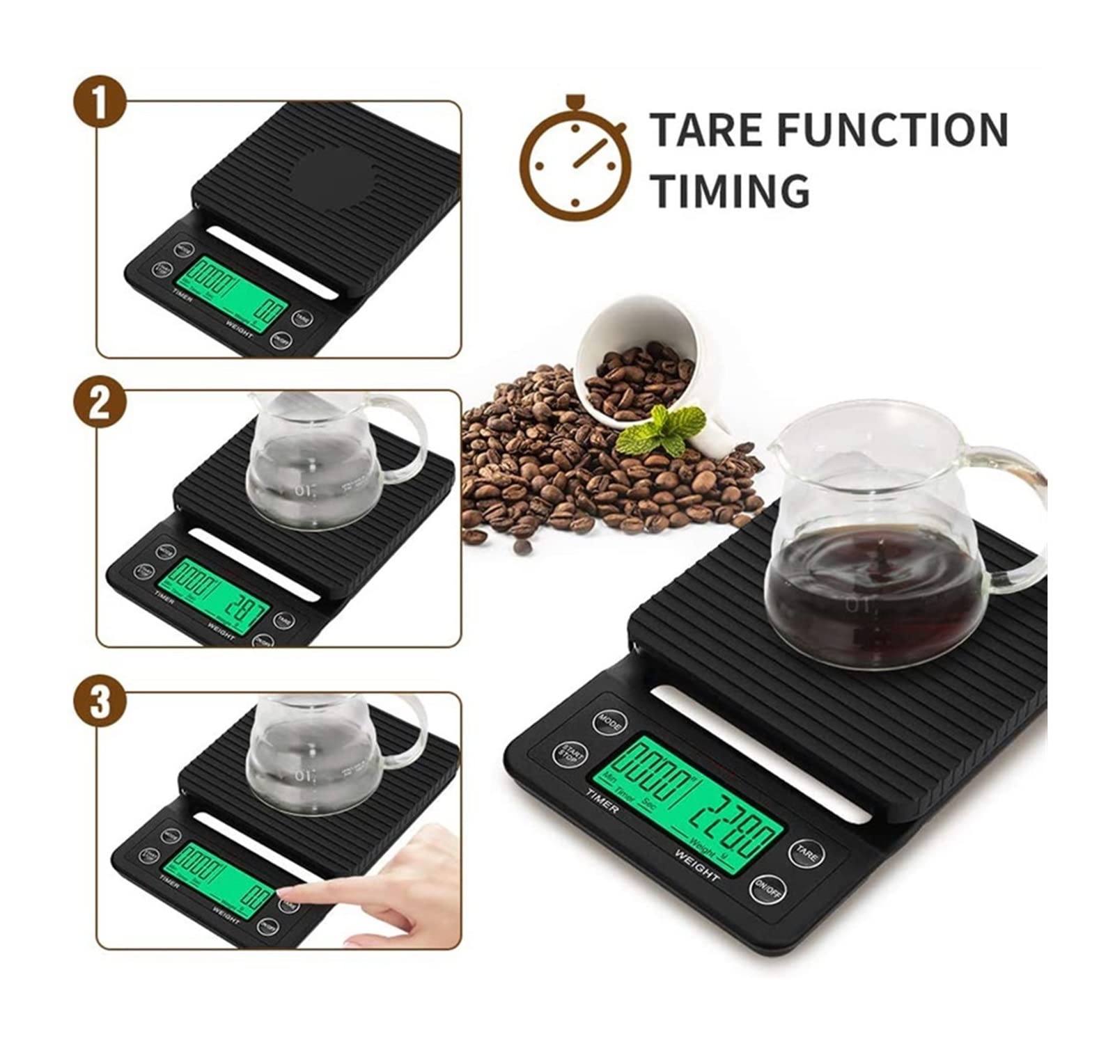 Báscula de cocina para el hogar, báscula de café por goteo con temporizador, báscula electrónica de alta precisión de 0,1 g, báscula de cocina digital LCD, accesorios de cocina (negra, 3 kg, 0,1 g)
