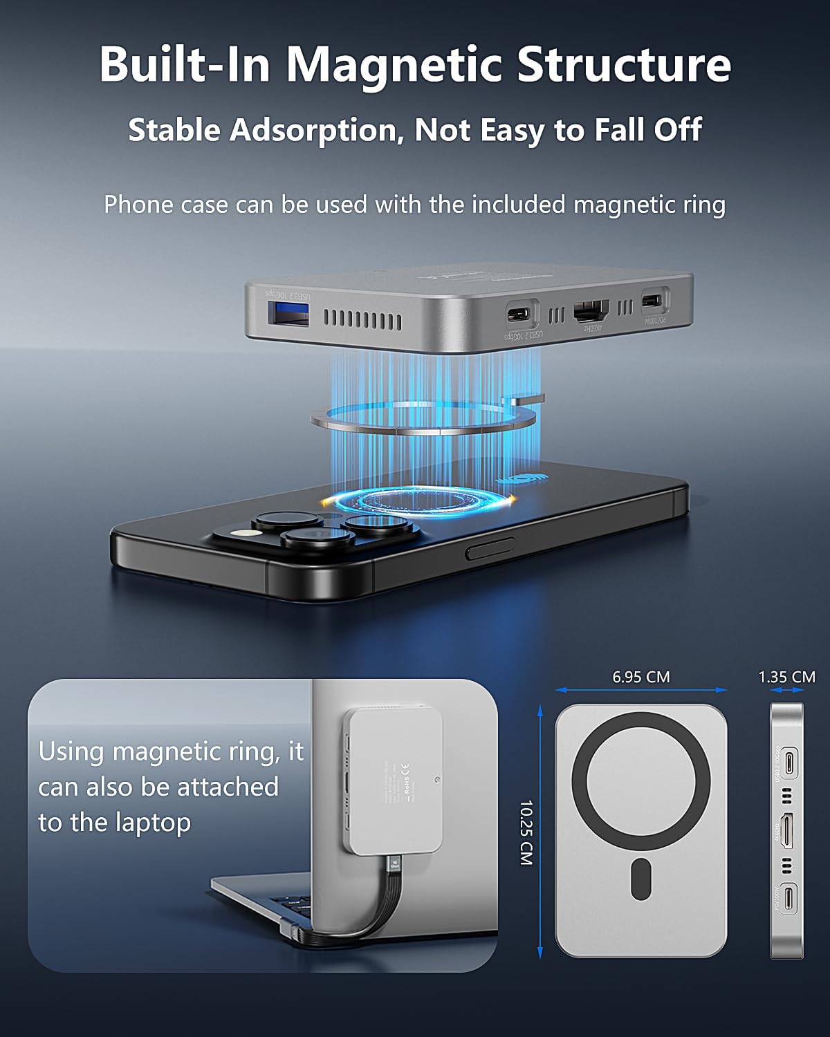 Magnetic M.2 NVMe Enclosure with Cooling Fan, 7 in 1 USB C Hub 10Gbps Data Transfer 4K@60Hz HDMI 100W Power Delivery SD/TF Card Reader M.2 NVMe SSD Docking Station for Type-C Devices