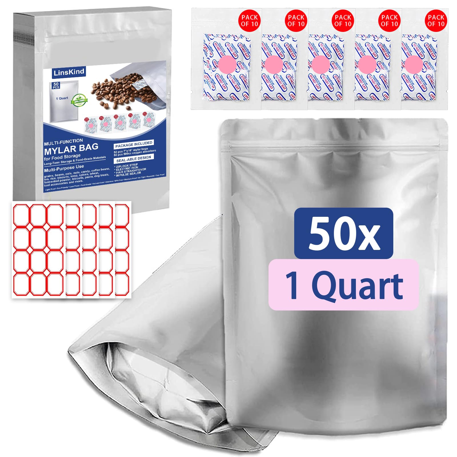 LinsKind Mylar Bags, 1 Quart Mylar Bags for Food Storage, Mylar Bags with Oxygen Absorbers(50 x 500cc), 7''x10'' 50pcs Resealable Mylar Bags Gallon Bags for Food Grain Nuts Storage