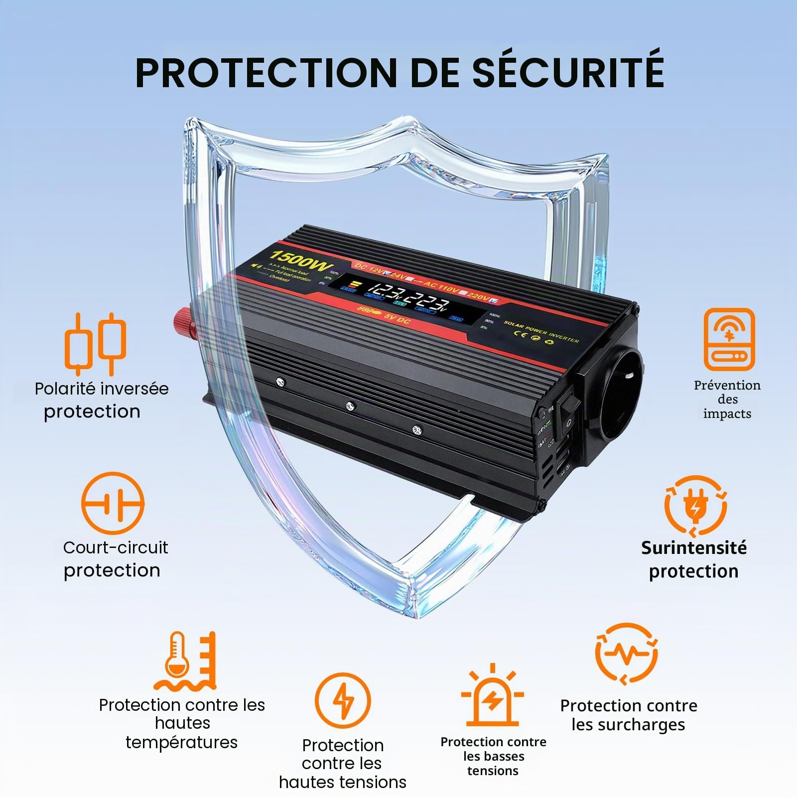 1500W Onduleur 12V 220V Transformateur Allume Cigare Convertisseur Pur Sinus, 1 Prise Secteur Et 2 Ports USB pour Voitures, VéHicules, Caravanes, Camions