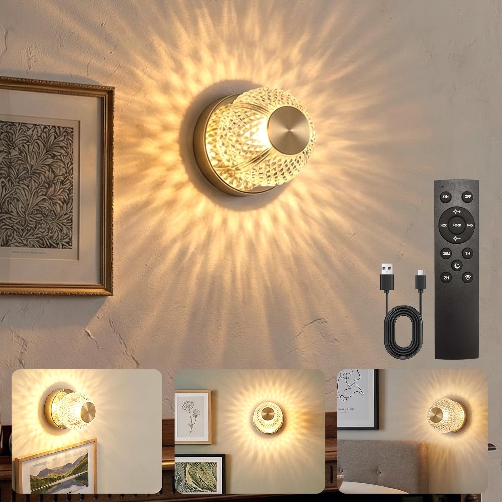 Crystal Rechargeable Wall Lights Battery Operated Wall Sconce Light Wireless Dimmable LED Wall Light with 3 Color Change Touch or Remote Control ,Wall Lamp Sconce for Bedroom,Living room,Hallway-Gold