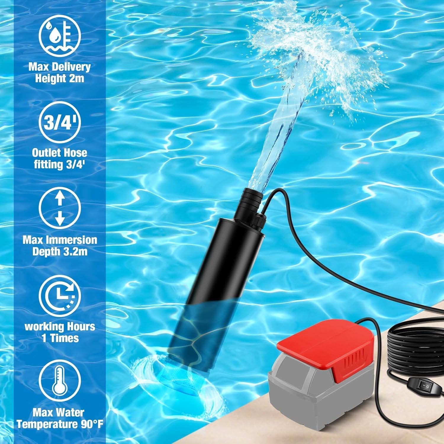 Pompa dell'acqua per Milwaukee, 18 V, pompa sommersa per vasche da campeggio, giardino, camper, drenaggio stagno, cantieri (senza batteria)