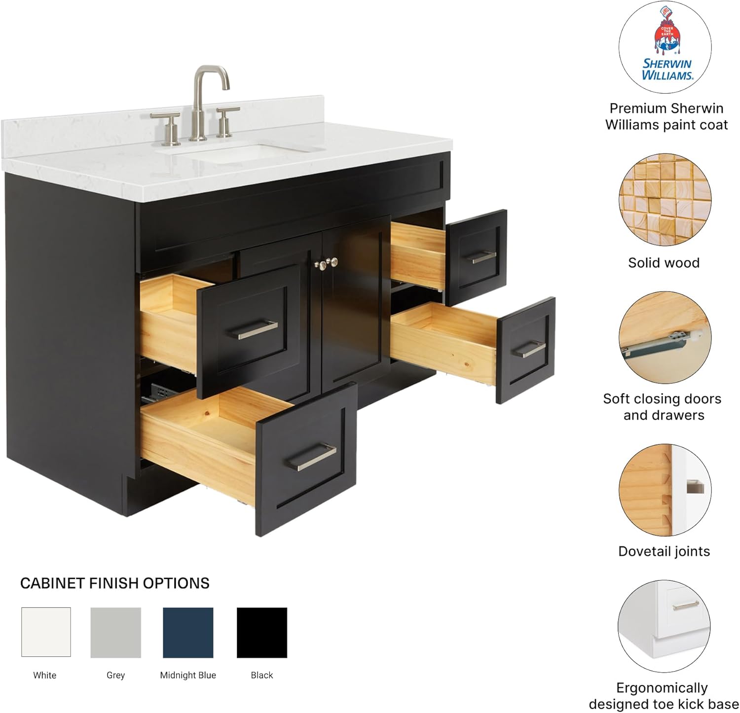 DKB Bradford 54" Black Bathroom Vanity with 1.5" Carrara Quartz Countertop, Rectangular Undermount Sink, 2 Soft-Closing Doors, 4 Dovetail Drawers