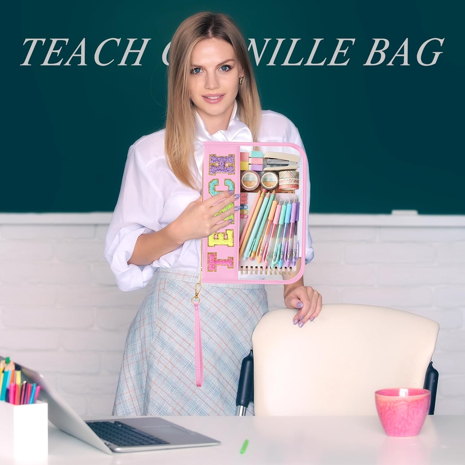 Kacctyen 6 Pcs Teach Bags Chenille Letter Clear Makeup Bag with Zipper Teacher Appreciation Gifts, Waterproof Cosmetic Toiletry Pouch with Handle for Gym Travel Summer(Bright Color,Teach)