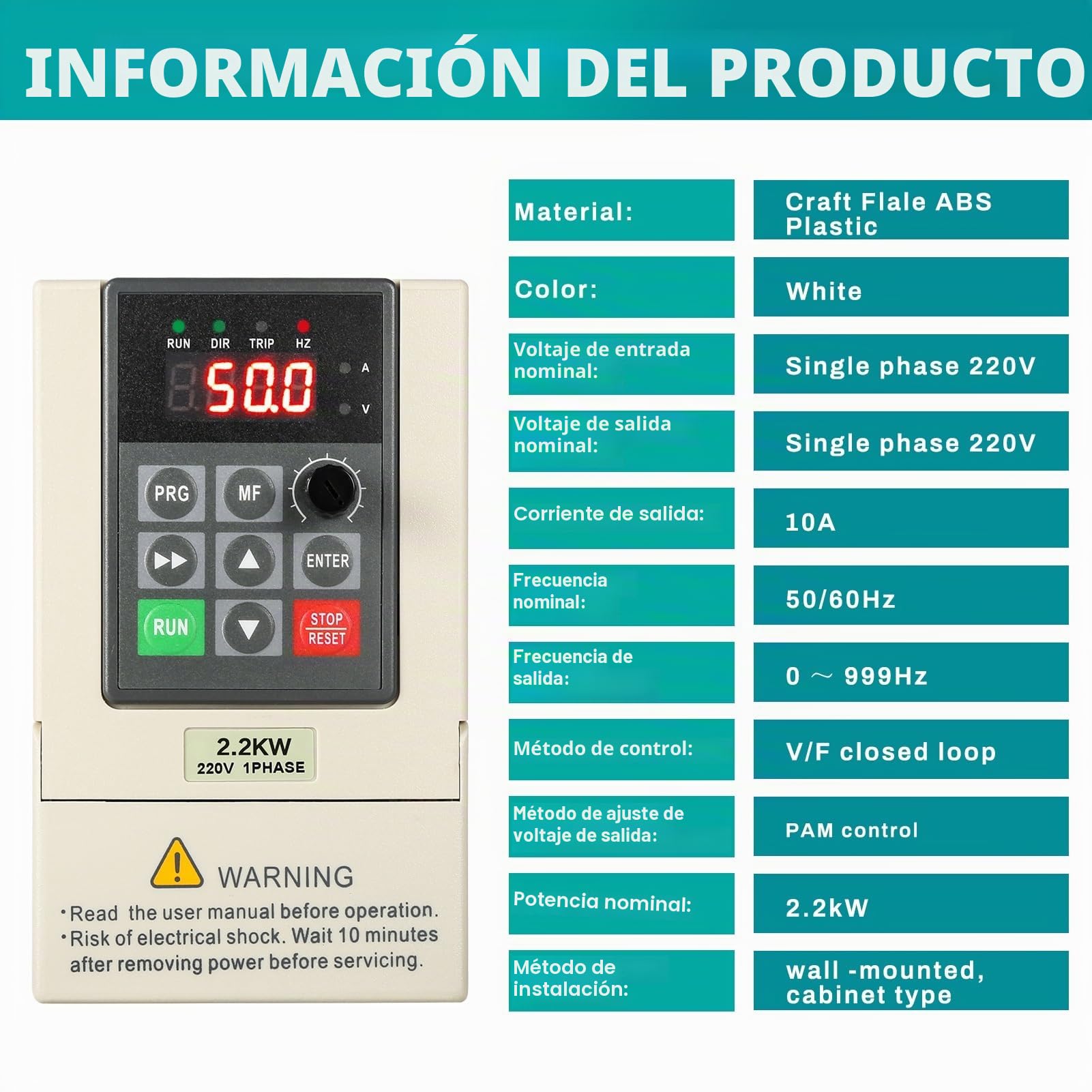 Variador de Frecuencia Monofasico 2.2KW 220V, VFD Convertidor de Frecuencia 220V Entrada Monofásico Salida Monofásico Inversor de Frecuencia para Ventiladores, bombas de agua, máquinas herramienta CNC
