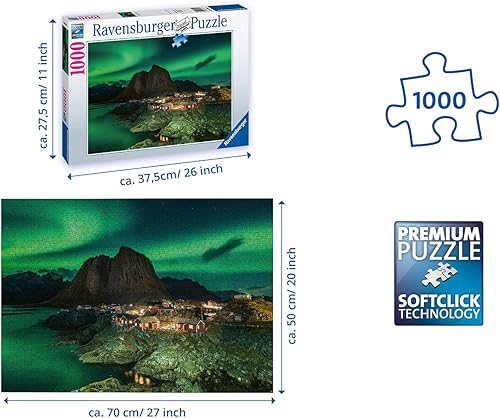 Miniatura 3 de Ravensburger Northern Lights Over Hamnoy Norway - Rompecabezas de 1000 piezas para adultos y niños a partir de 14 años, rompecabezas de paisaje