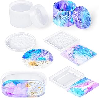 Hautton 6 Pcs Resin Molds Epoxy Silicone Mold for Coasters, Jar with Lid, Rolling Tray and Soap Tray Container, Epoxy Resin Casting Molds for DIY Home Décor Art Crafts