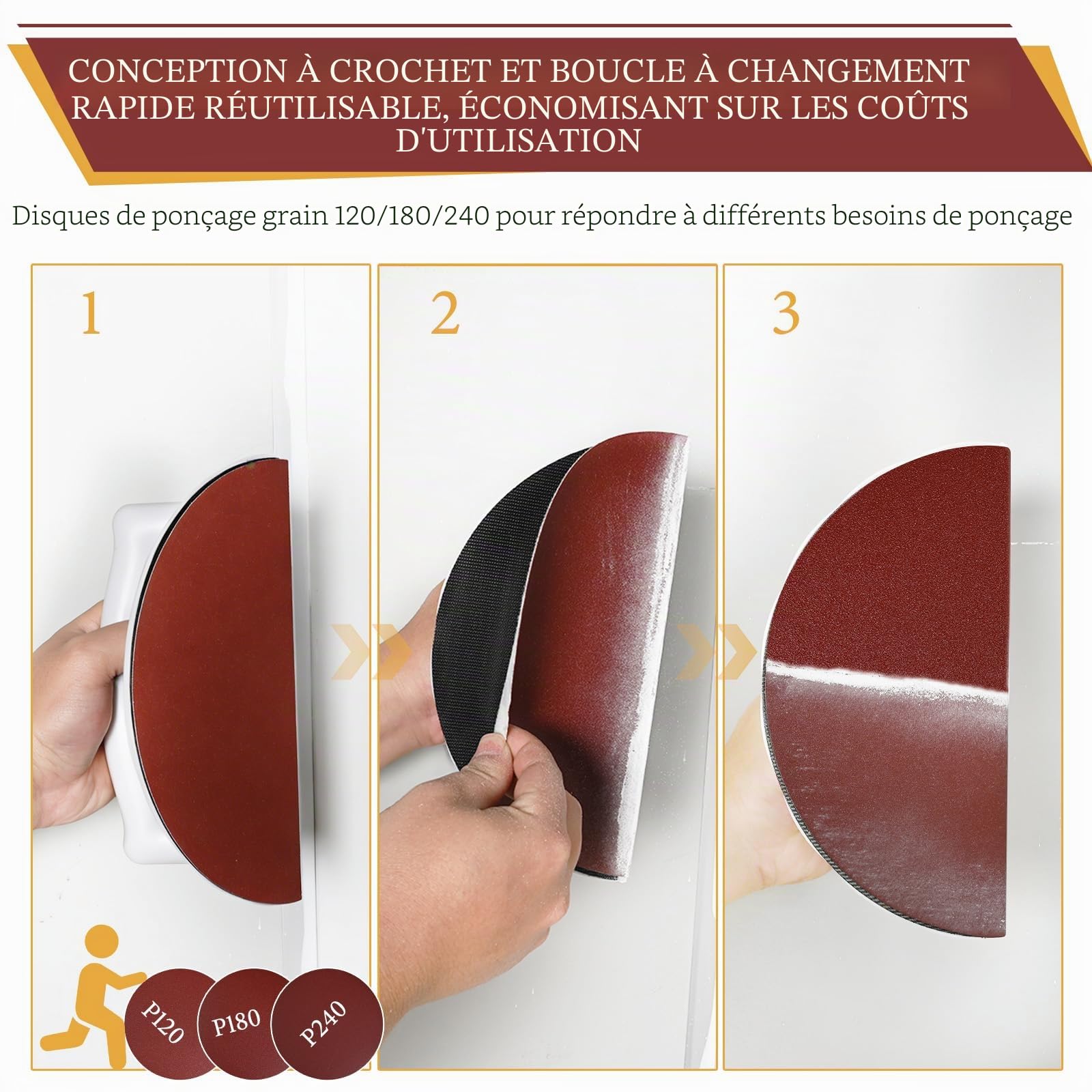 Ponceuse d'angle pour cloison sèche, outil de ponçage d'angle avec 12 disques de ponçage réutilisables de 22,9 cm pour nettoyage des murs et des coins (grain 120/180/240)