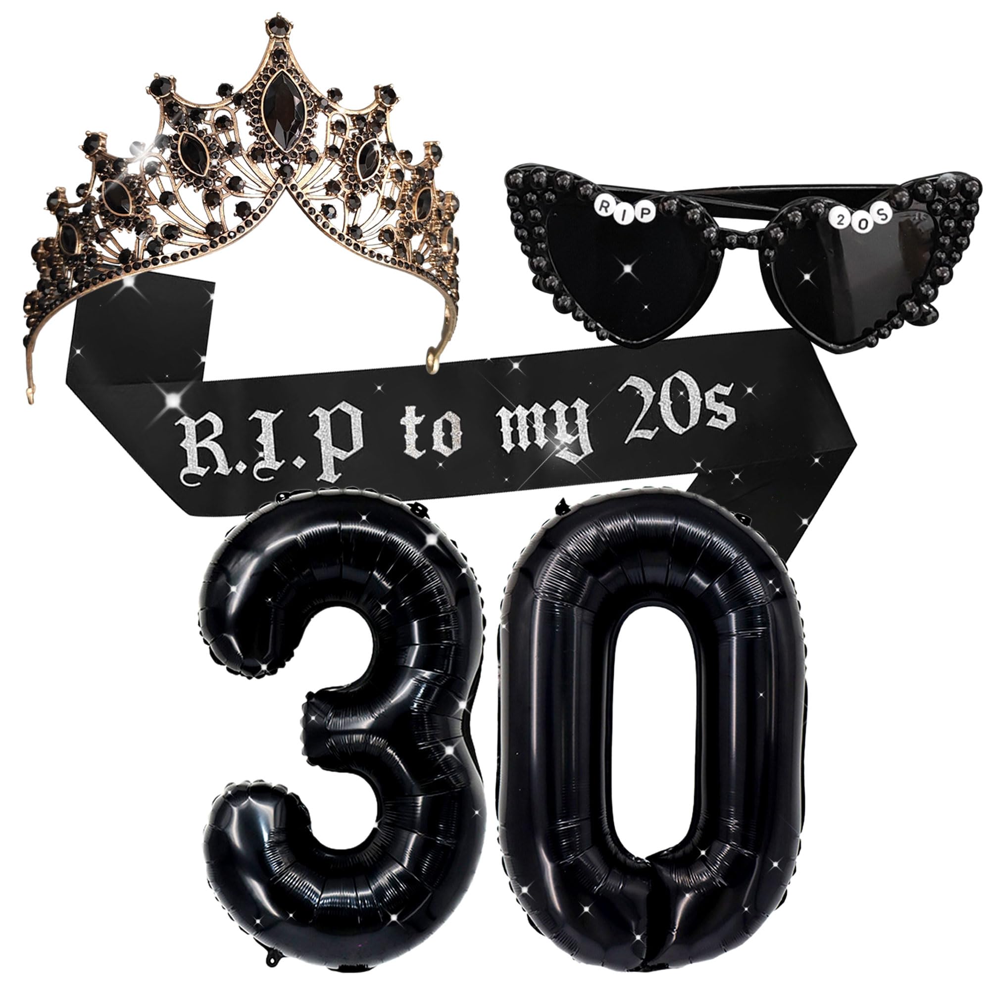 LaVenty Death to My 20s Party Decorations 30th Birthday Balloon Sash Rip 20s Glasses Black Crown Tiara for Women 30th Birthday Party Supplies