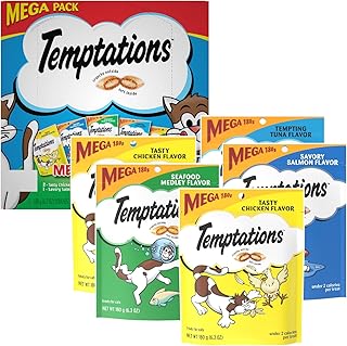 TEMPTATIONS Classic Crunchy and Soft Cat Treats Mega Pack, (5) 6.3 oz. Pouches