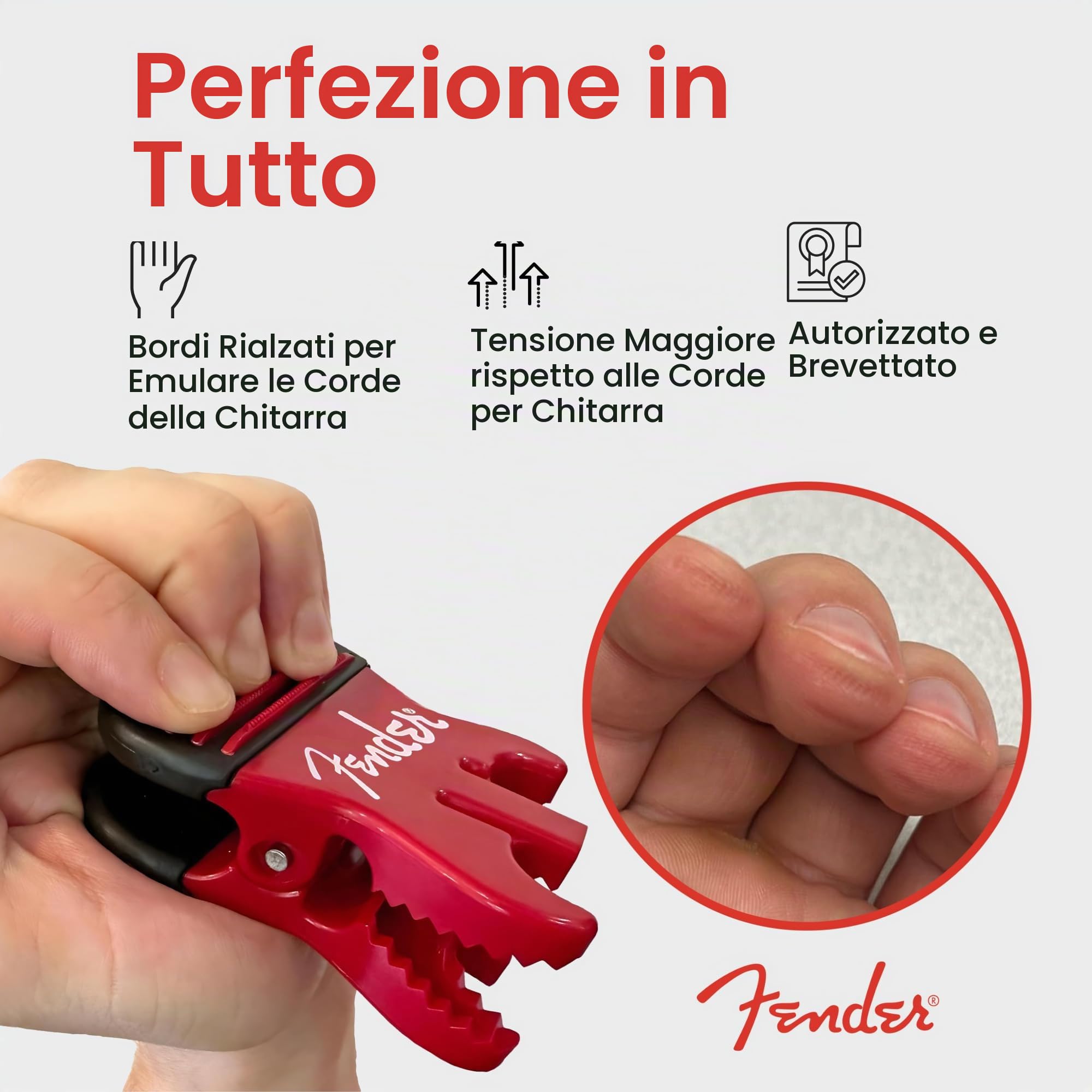 FENDER Costruttore di calli brevettato e rinforzante per le dita, per chitarra, basso e violino, attrezzo per allenare le dita della chitarra e della presa, accessori ideali per chitarra e basso