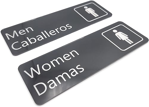 Miniatura 1 de Kraken Sign Co. - Juego de letreros para baño con adhesivo en español e inglés - 9" x 3" - HombresCaballeros y MujeresDamas -Juego de dos letreros-