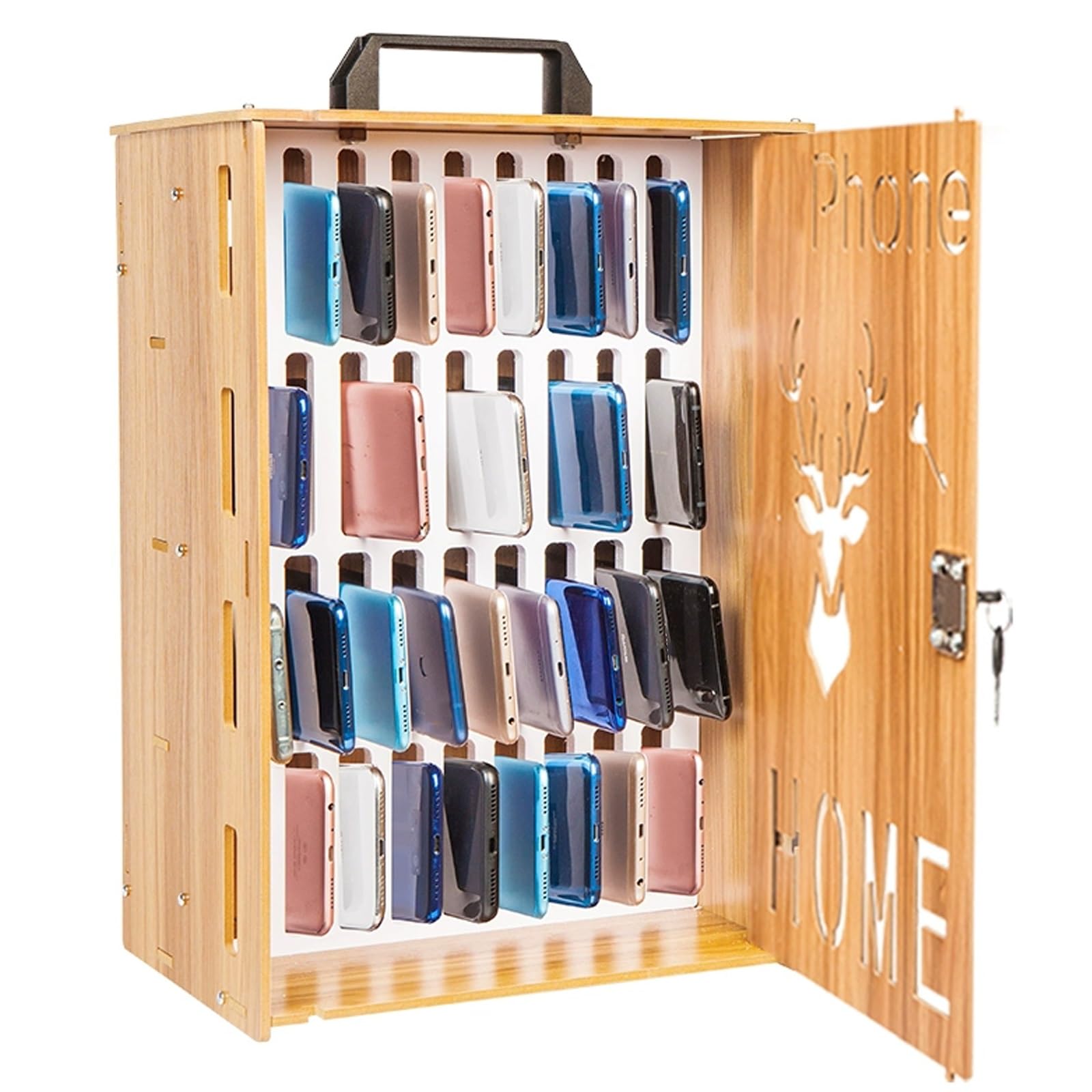 Boîte de rangement téléphone portable en bois avec clé pour bureau