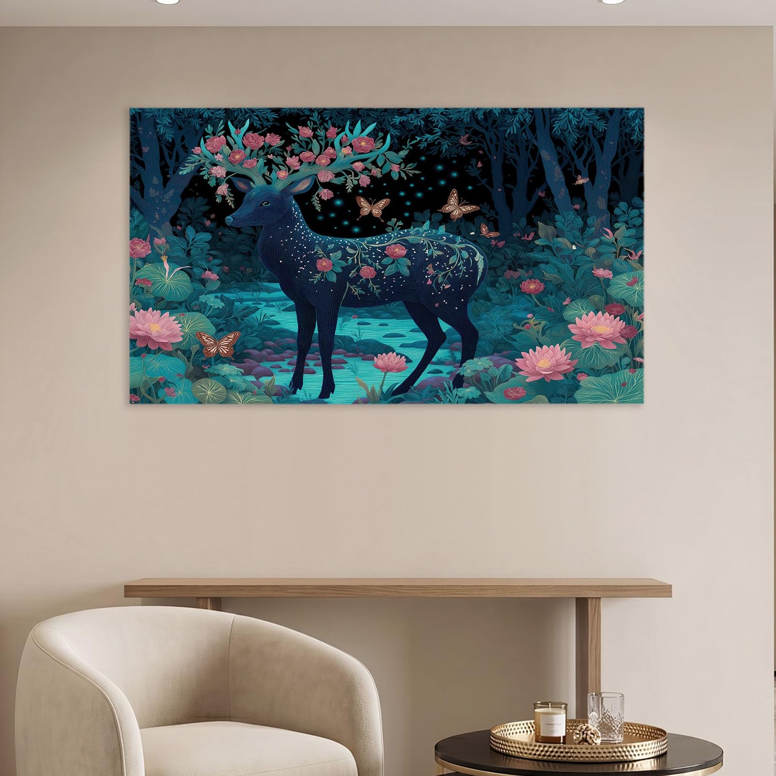 Lienzo de dibujos animados de animales con marco, ciervo, mariposa y flor, moderno lienzo de fieltro panorámico, decoración de pared para salón, dormitorio, oficina, decoración de pared, 100 x 70 cm