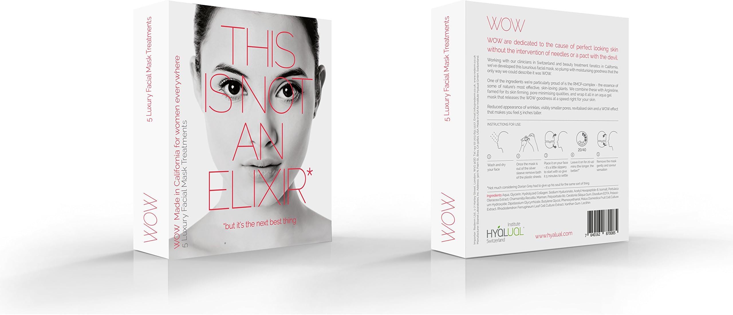 Hyalual WOW mask box - Facial Mask With Hyaluronic Acid and Collagen - Reduces Appearance of Wrinkles, Providing Elasticity For Healthy Beautiful Skin PACK OF 5