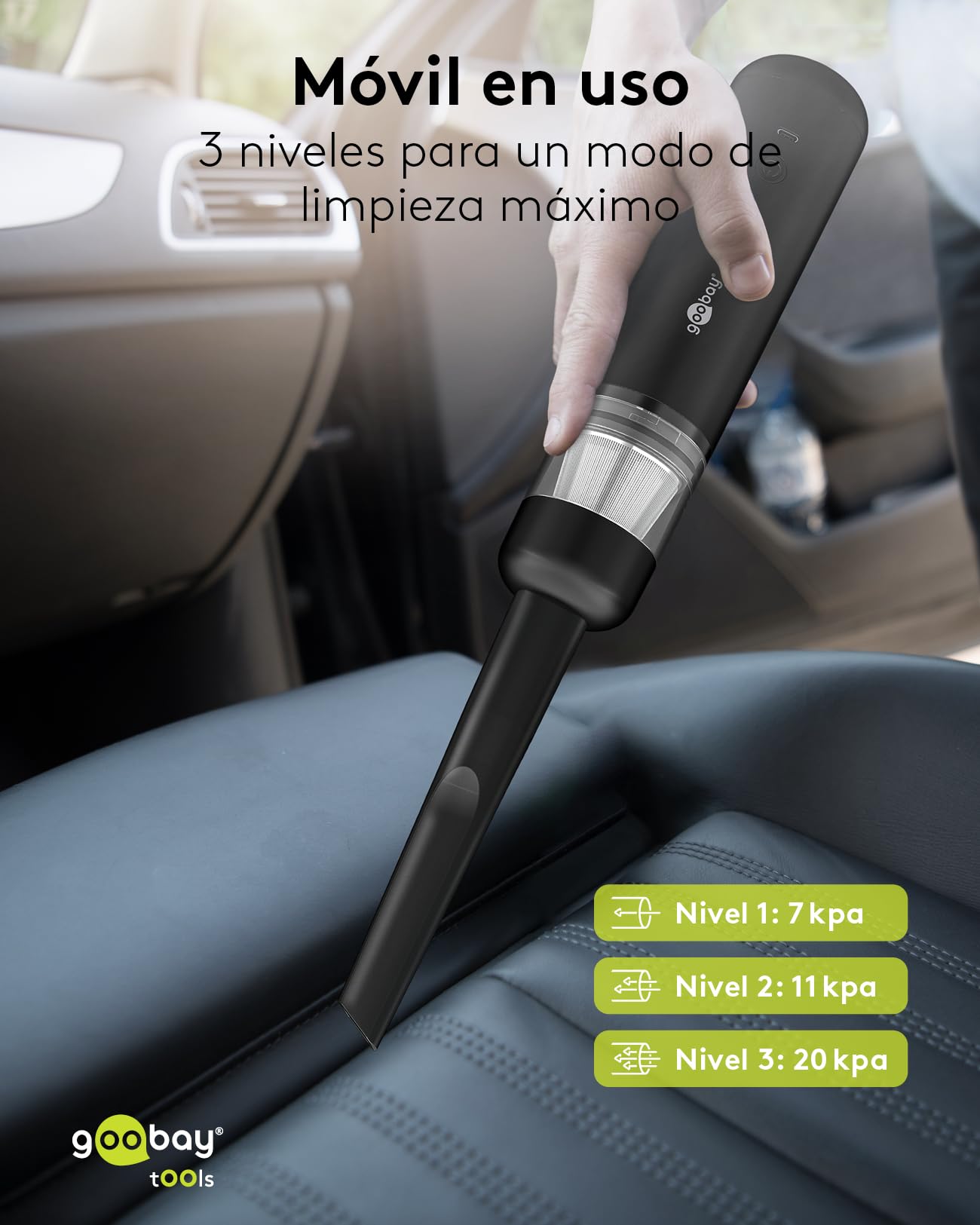 goobay Mini aspiradora inalámbrica con batería Recargable, 120 W, 3 Niveles de Potencia, 7 boquillas y 3 cepillos, función sopladora, Filtro Lavable, para Coche, Oficina y hogar, Negra, 77829