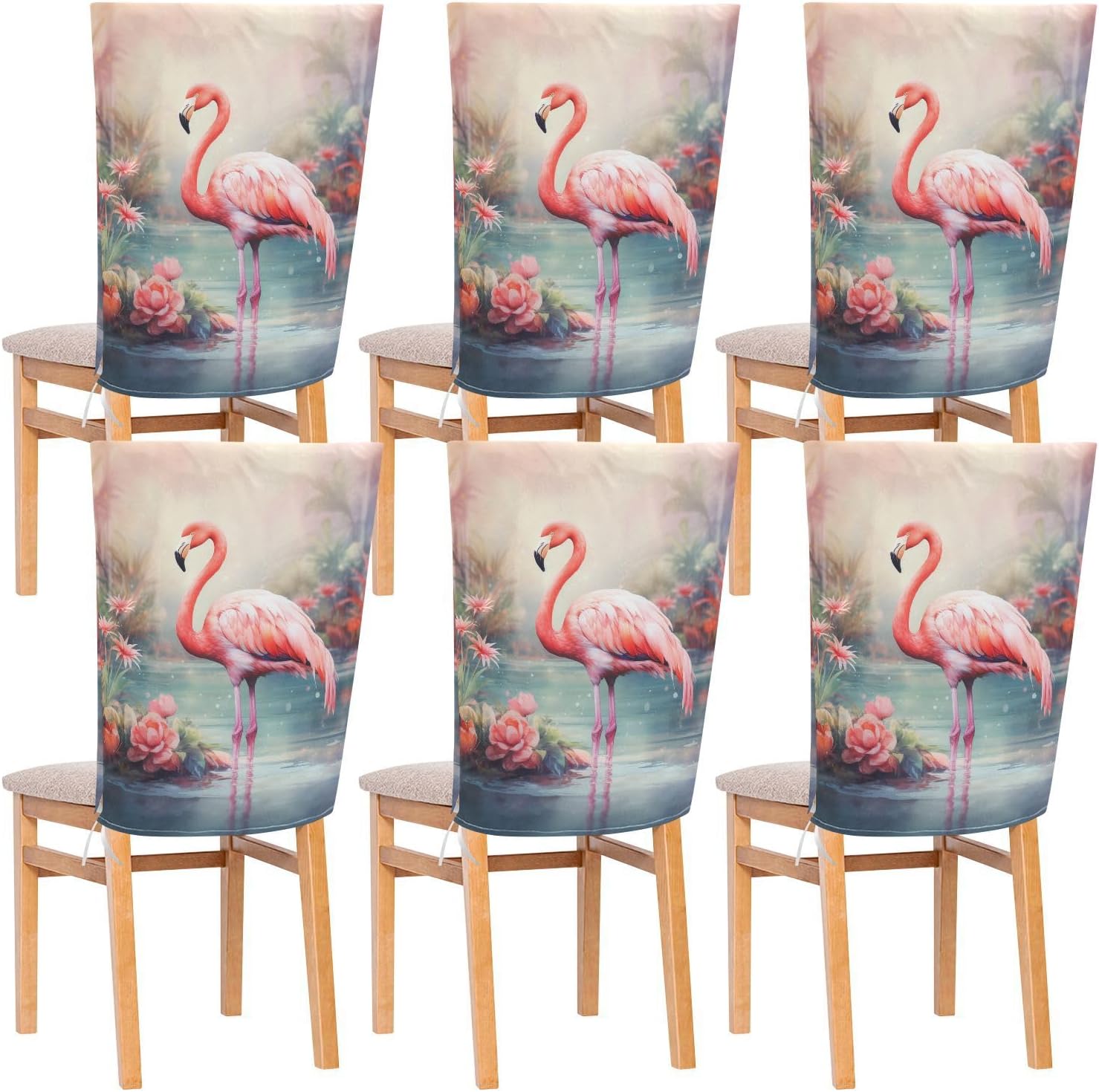 ALAZA Flamingo Flowers in The Lake Chair Back Cover Set of 6, Washable Reusable Removable Chair Slipcovers Decorative Chair Cover for Home Kitchen Wedding Party