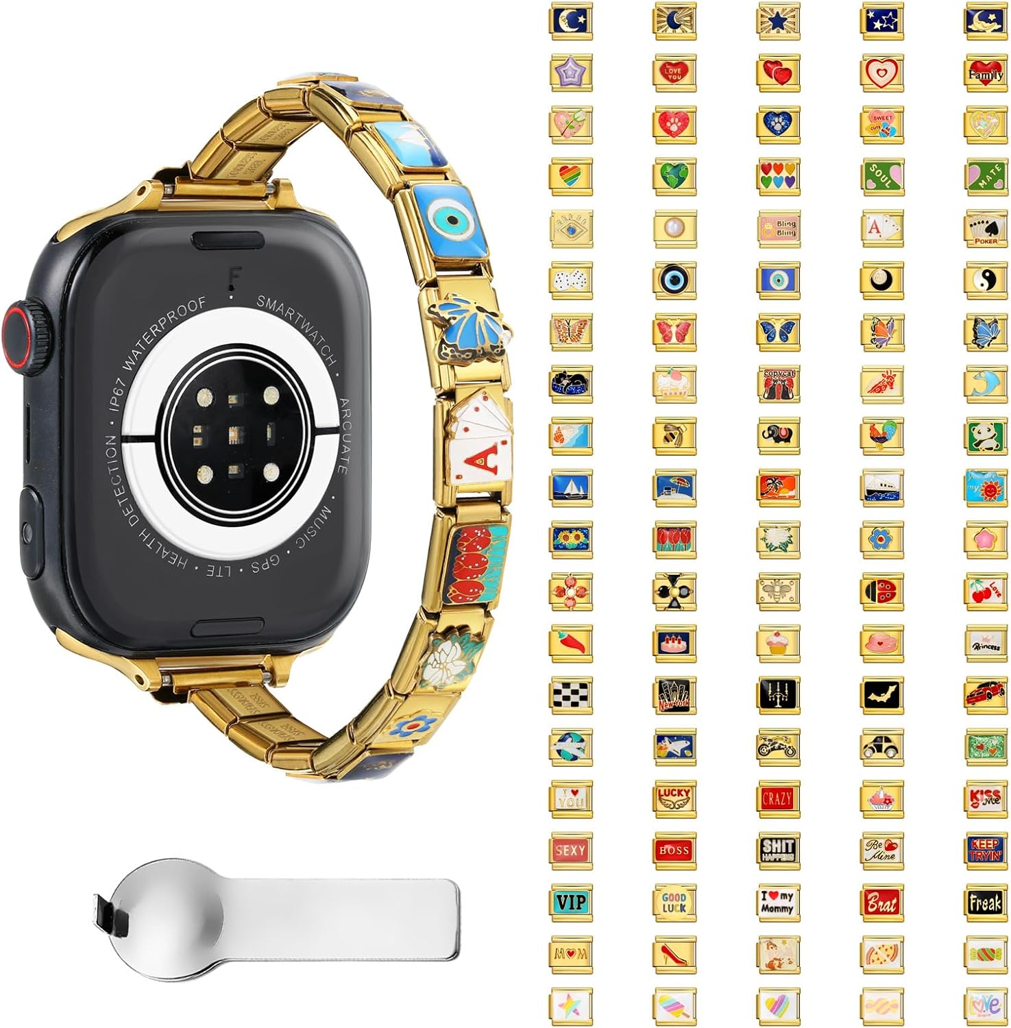 Custom Gold Italian Charm Bracelet Apple Watch Band – 15pcs Personalized Links Bracelets Compatible with 38/40/41/42/44/45/46mm Apple Watch – Choose from 100 Styles – Stainless Steel Modular Watch Strap with Opener Tool