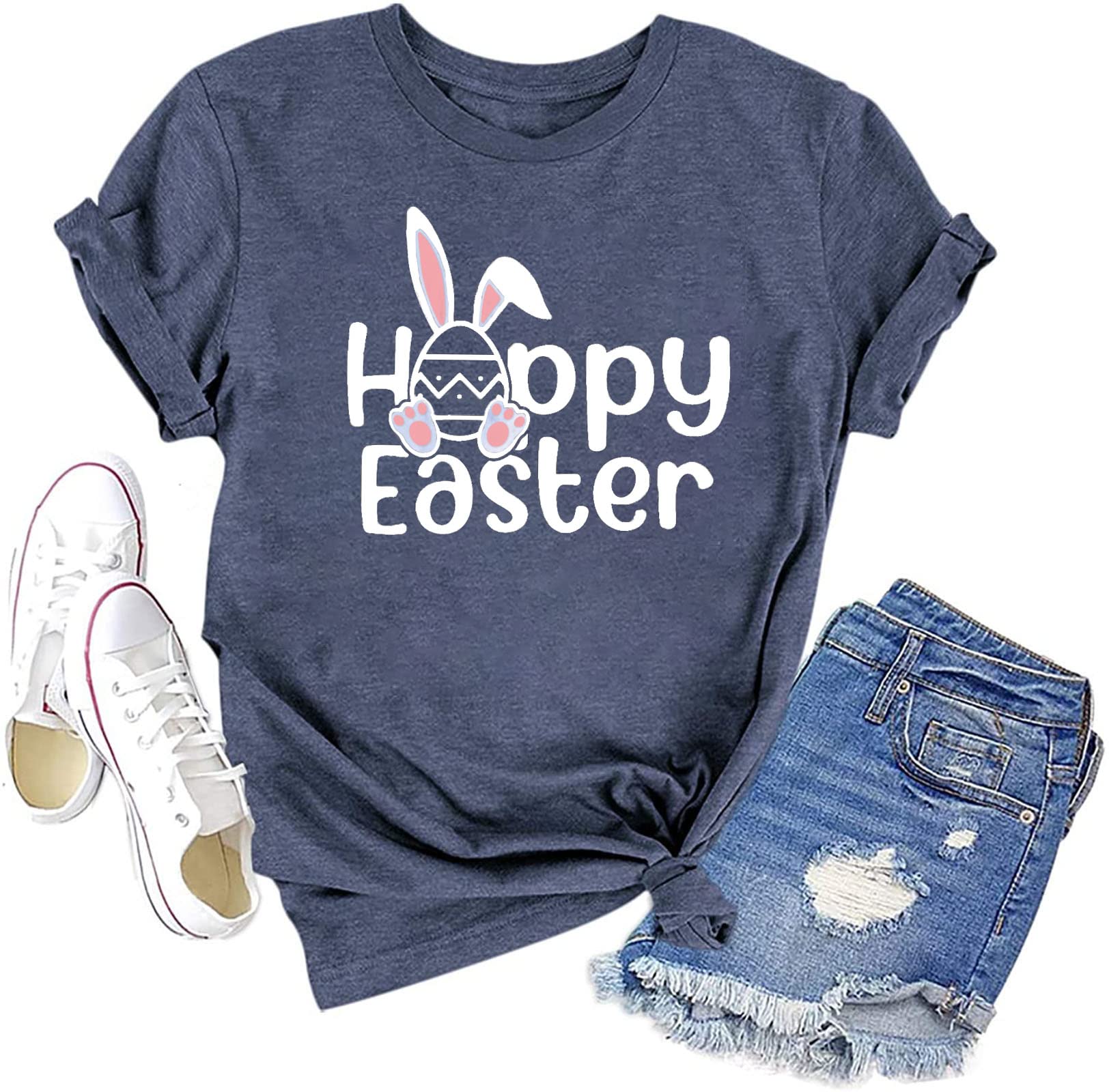 Plus Size Happy Easter Shirt Funny Cute Bunny Rabbit Graphic Short Sleeve Tee Top