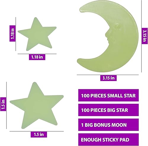 Miniatura 4 de Juego de 201 estrellas ultra brillantes en la oscuridad con calcomanías de luna grande, luminosas de diferentes tamaños, estrellas fluorescentes,